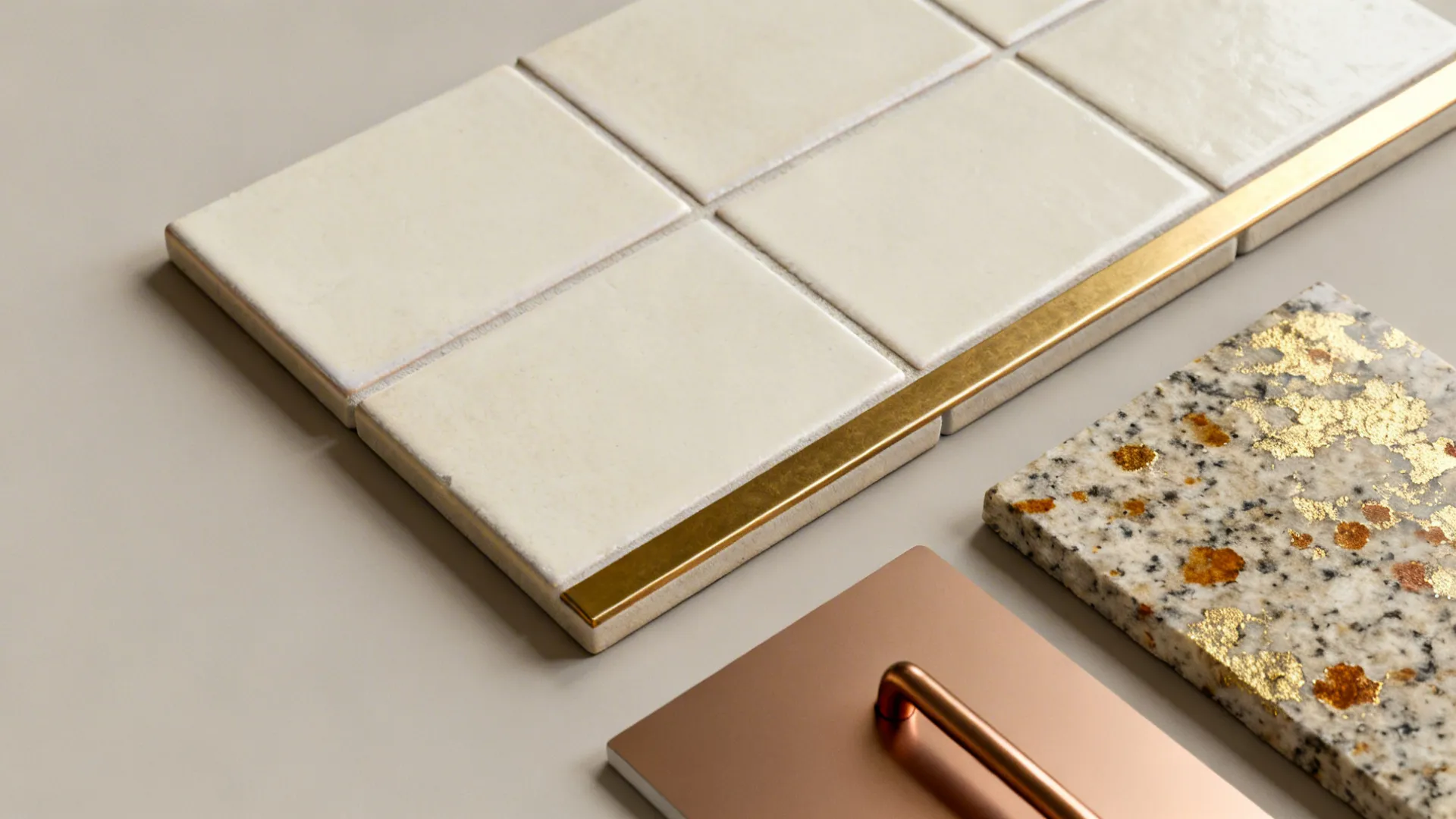 Flat lay of creamy ceramic tile, brass trim, and warm-flecked granite sample.
