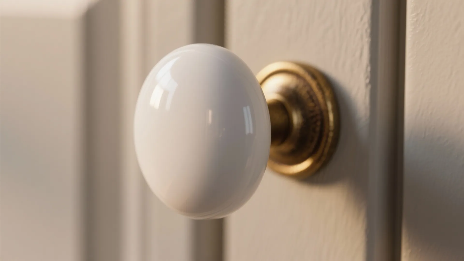 White ceramic cabinet pull with brass base, showing glaze and metal detail.