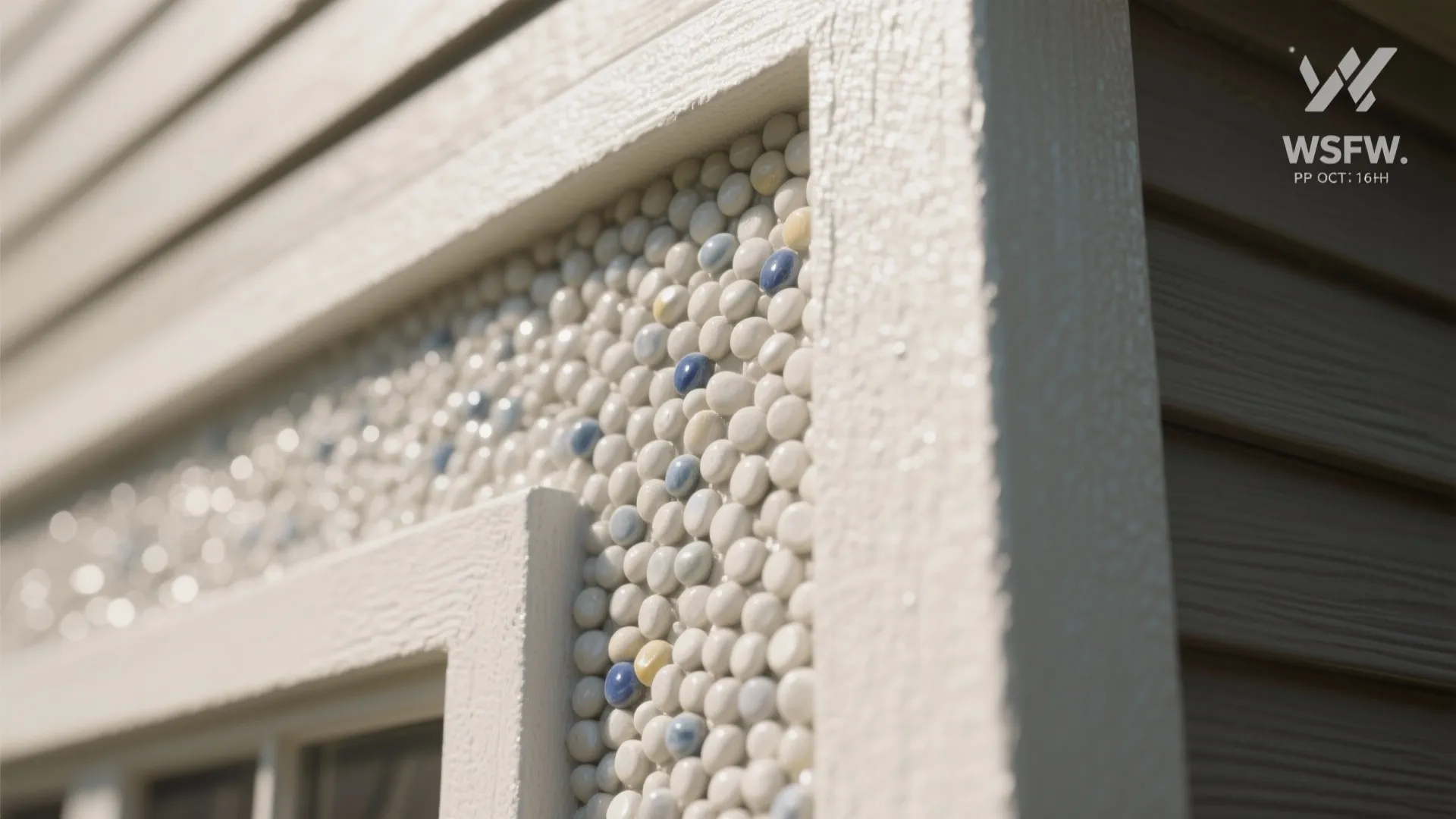 Close up of white wall panel with decorative round blue and yellow stone texture details