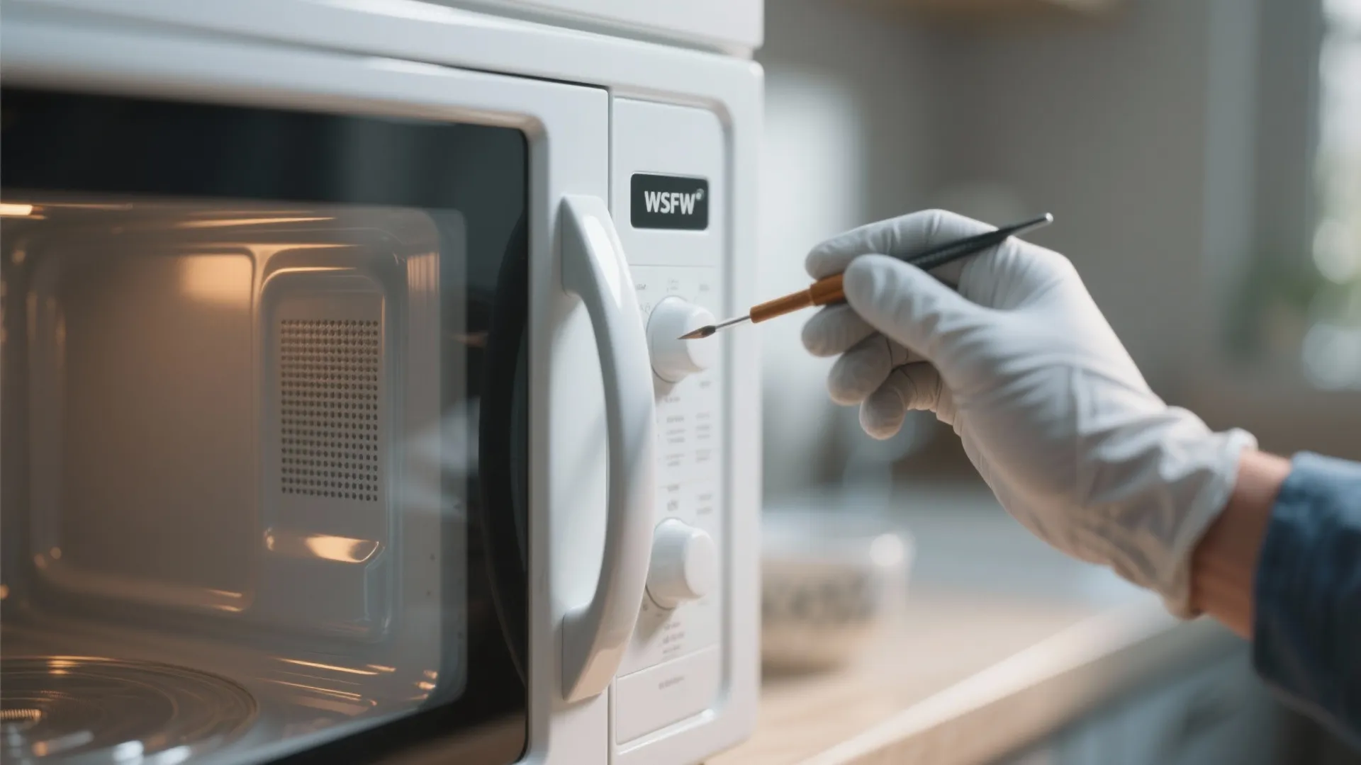 Macro view of a durable ceramic microwave interior coating with a technician's gloved hand blurred in the background.