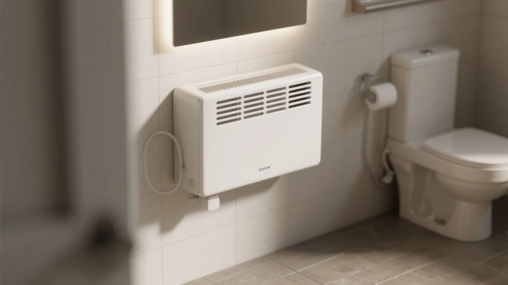 White wall mounted heater in bathroom next to toilet with tiled wall and soft light