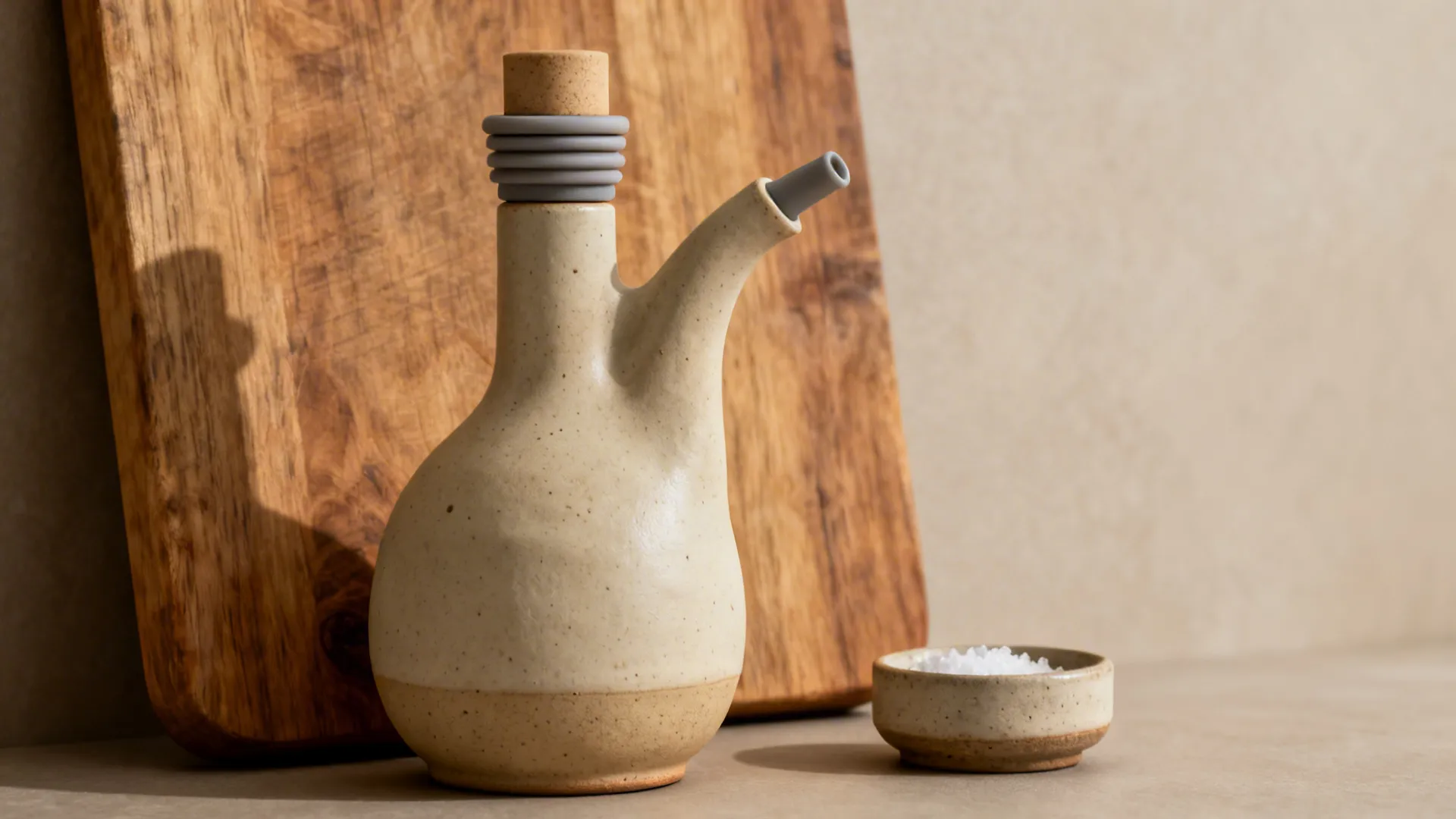 Matte oatmeal-glazed ceramic oil cruet with a silicone-gasket spout in a cozy vignette.