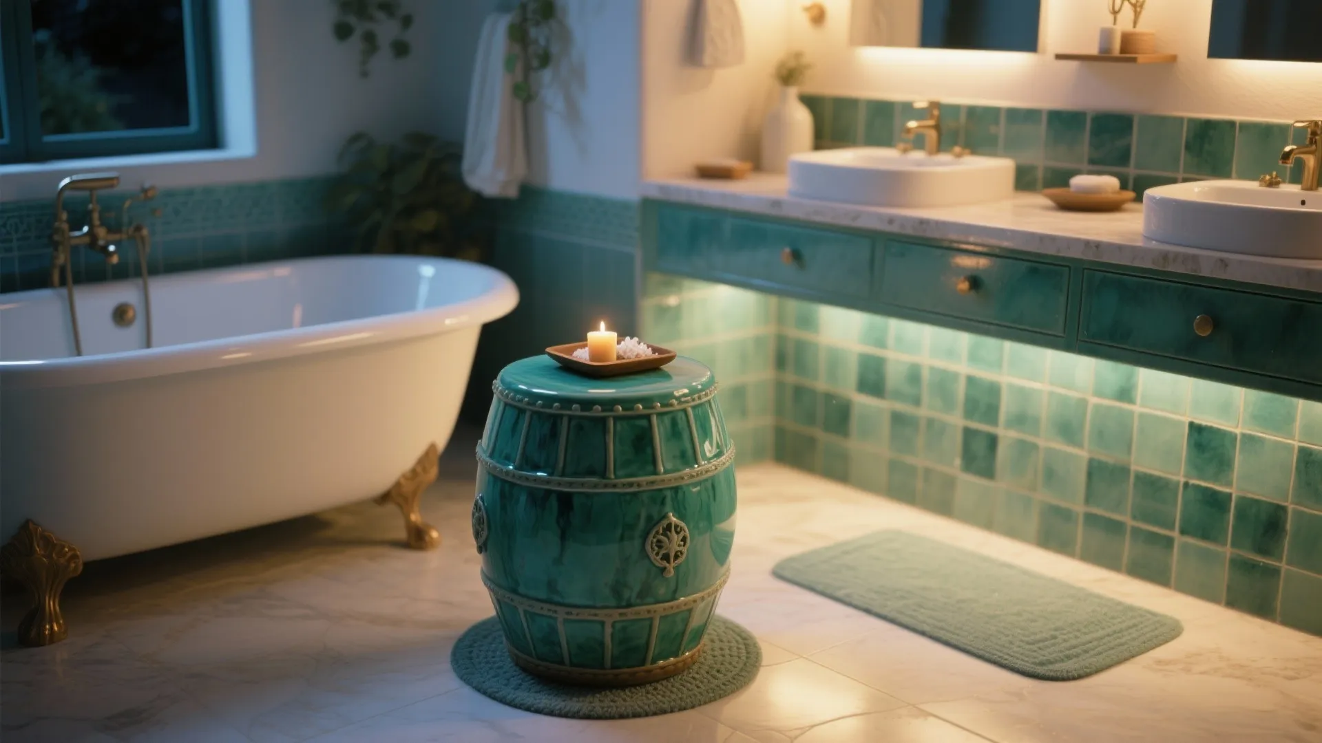 Sea-green ceramic drum stool beside a tub in a Mediterranean-style bathroom.