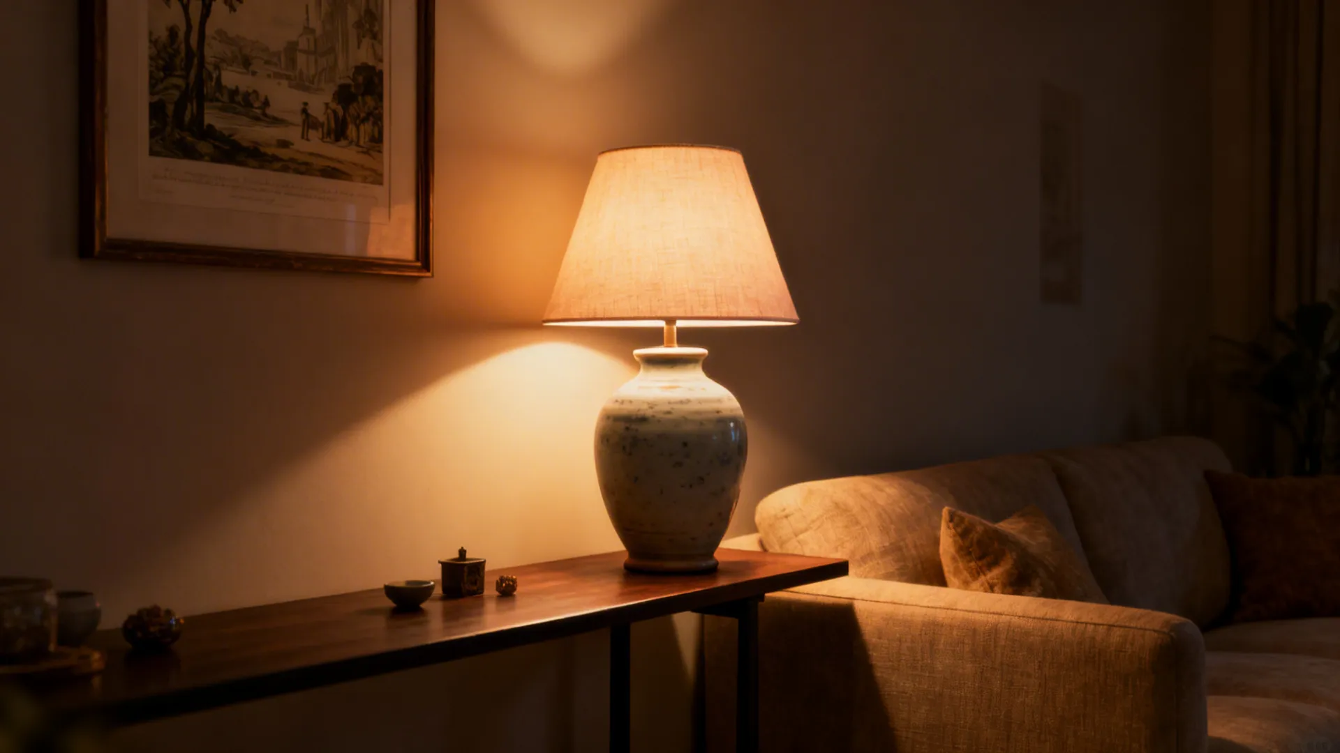 Ceramic-base table lamp with a soft fabric shade on a narrow console, casting a warm glow.