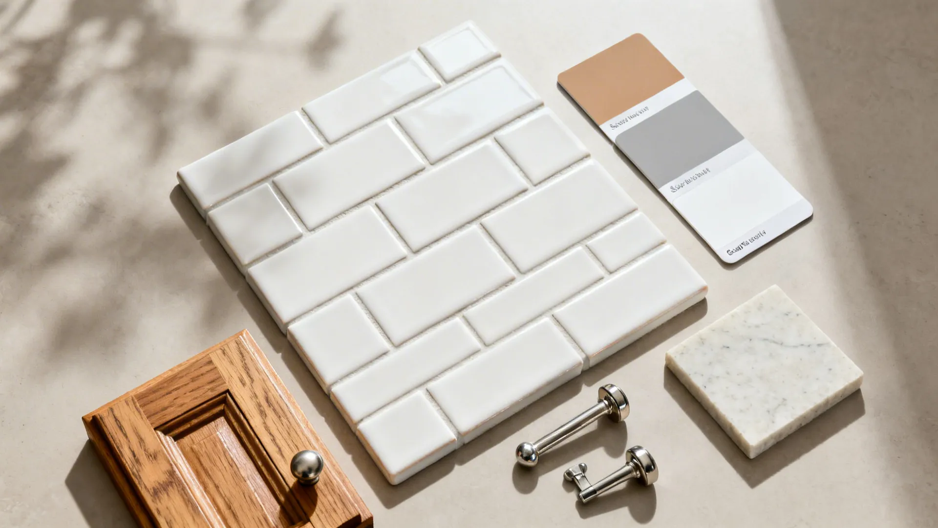 Flat lay of ceramic subway tiles with grout, wood, hardware, and counter samples.