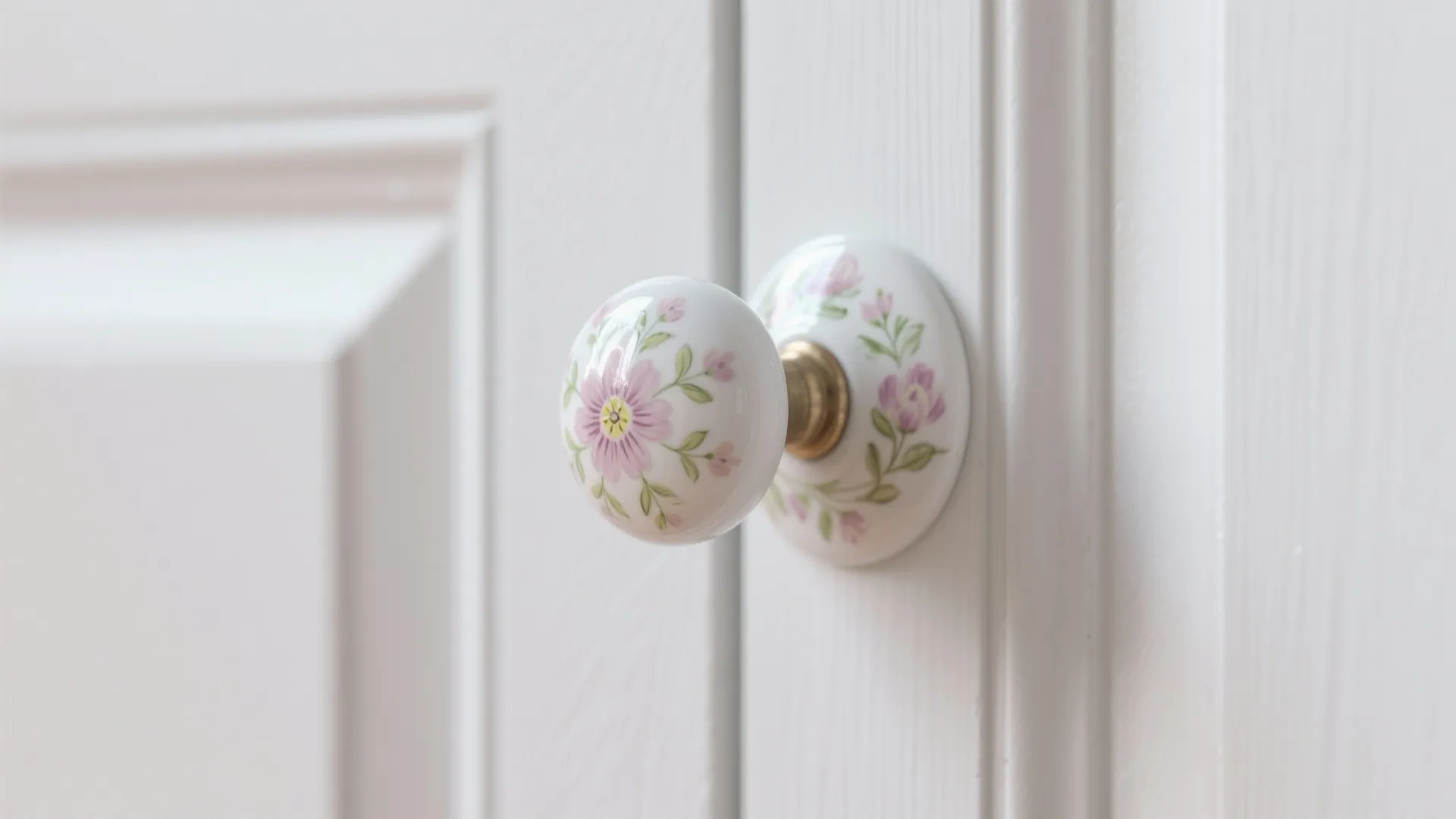 White ceramic door knob with pink flower patterns fixed on a clean white wooden cabinet
