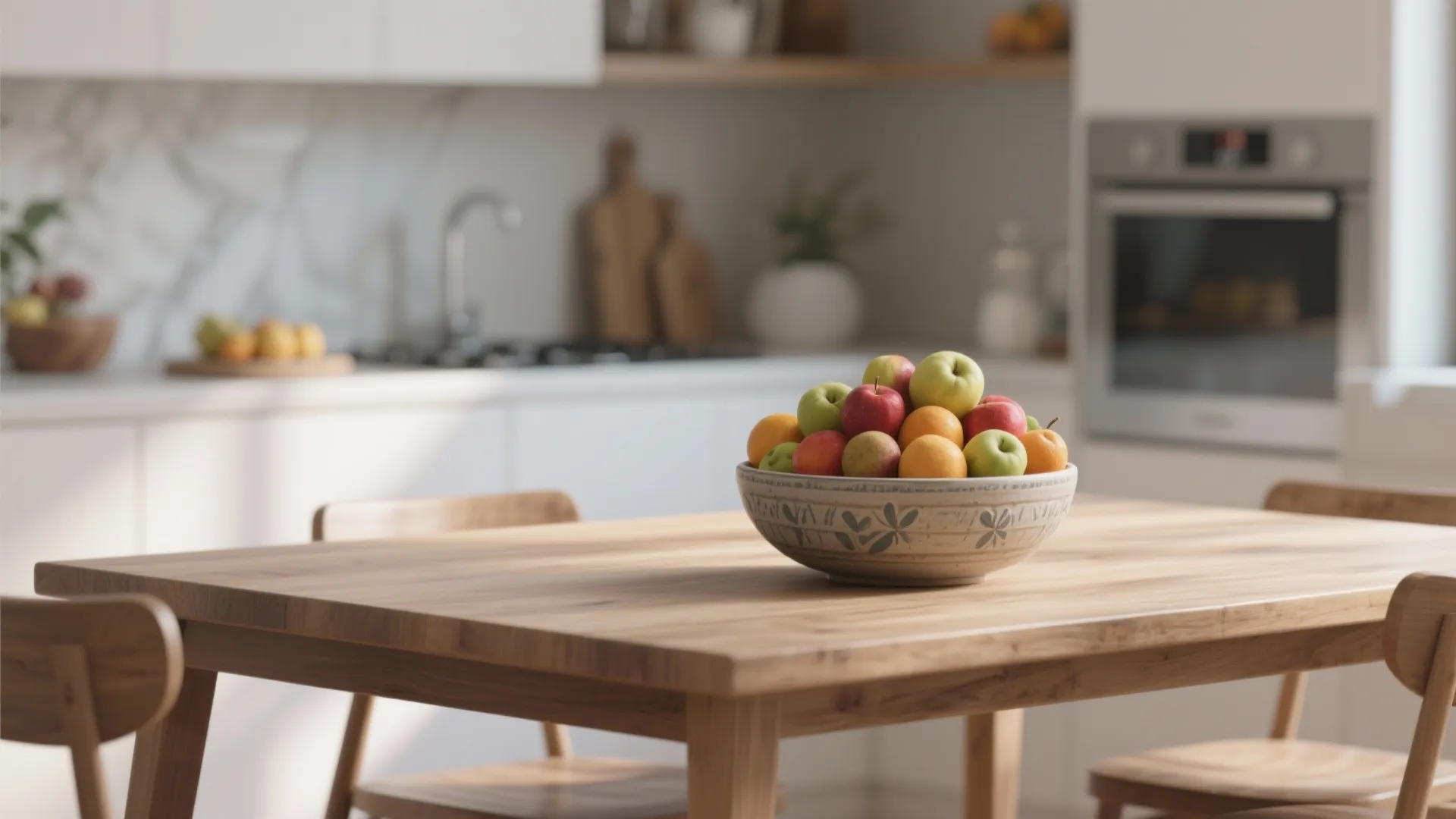 Ceramic fruit bowl with apples and oranges on a wooden dining table in modern kitchen