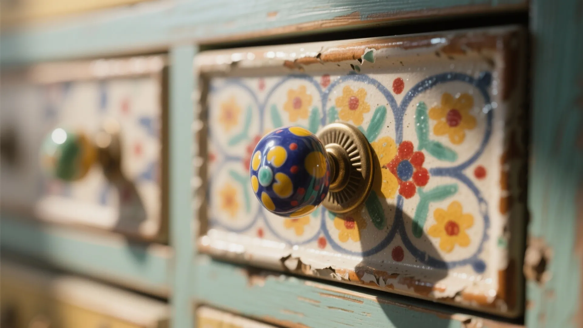 Close up of colorful floral ceramic knob on a distressed blue wooden drawer in vintage style