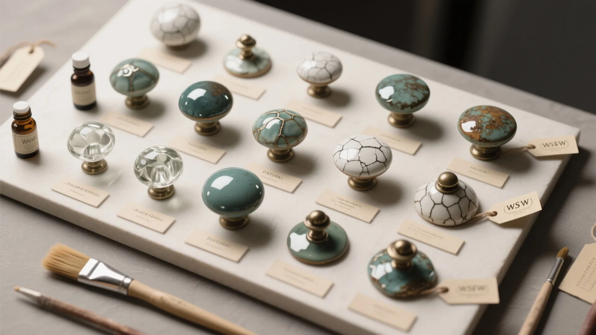 Collection of various ceramic and glass cabinet door knobs displayed on a white board surface