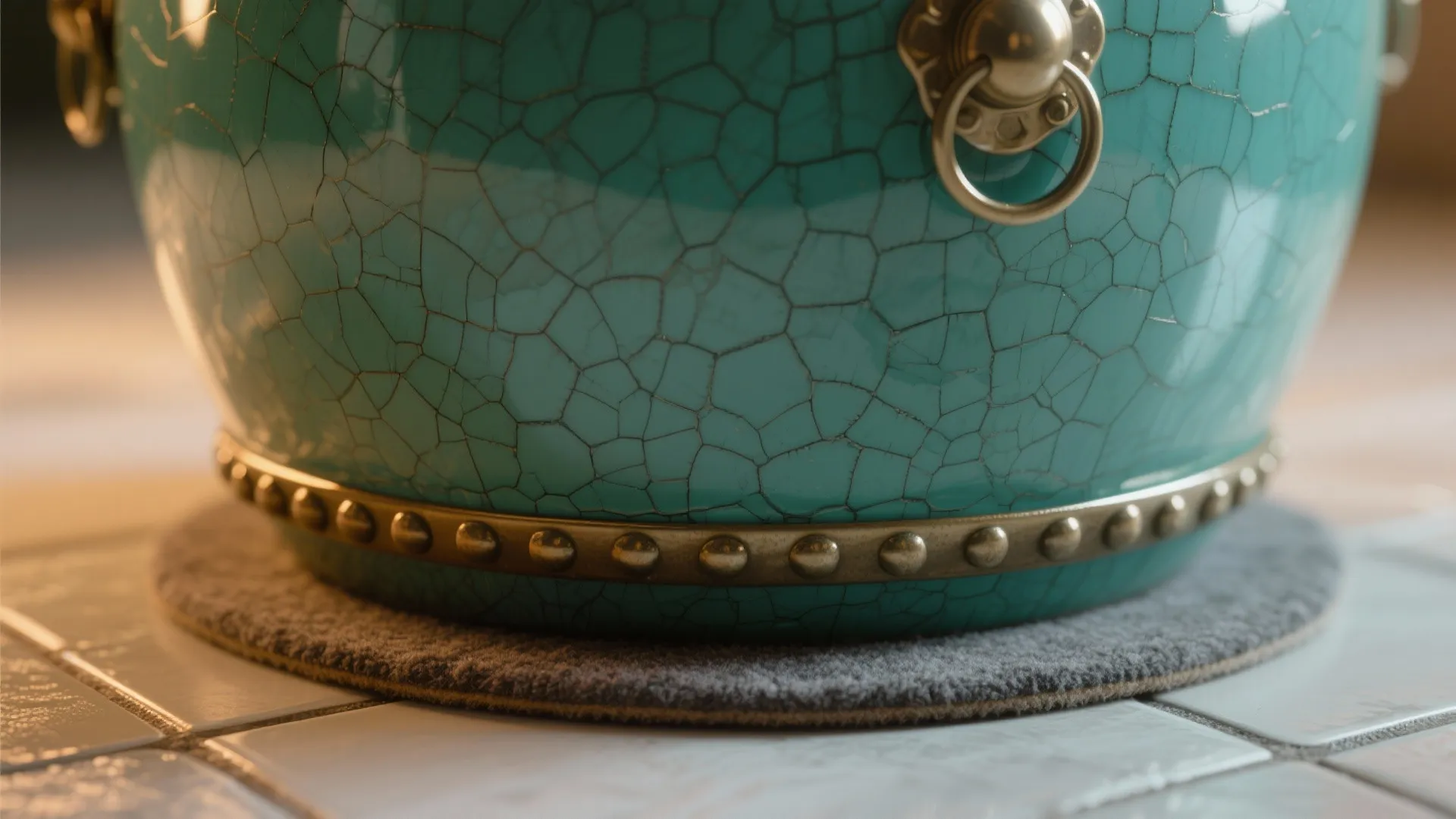 Macro of sea-green glazed ceramic with glossy crackle and felt pad detail.