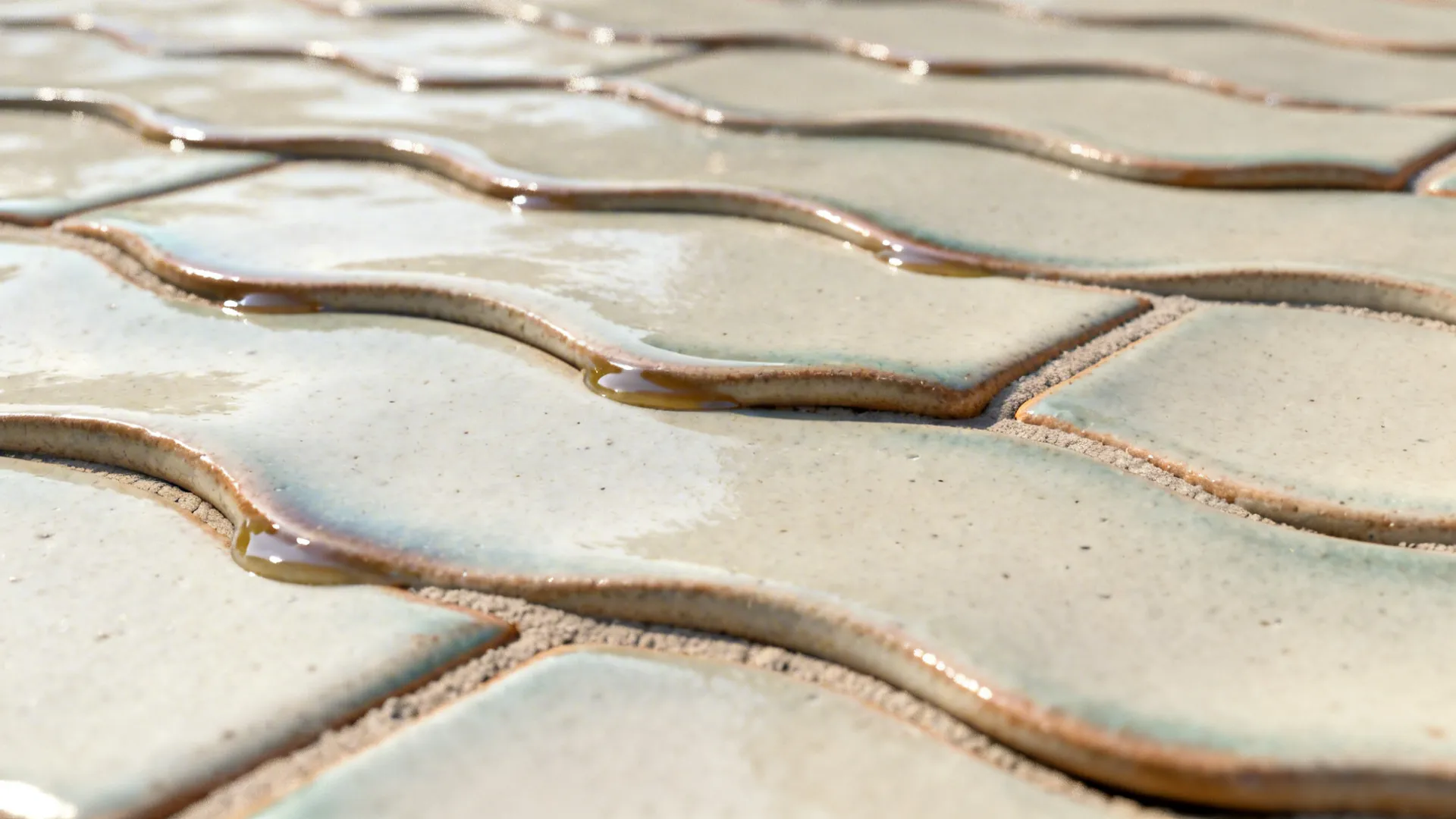 Close-up of handmade-look ceramic tile with wavy surface and soft glaze pooling.