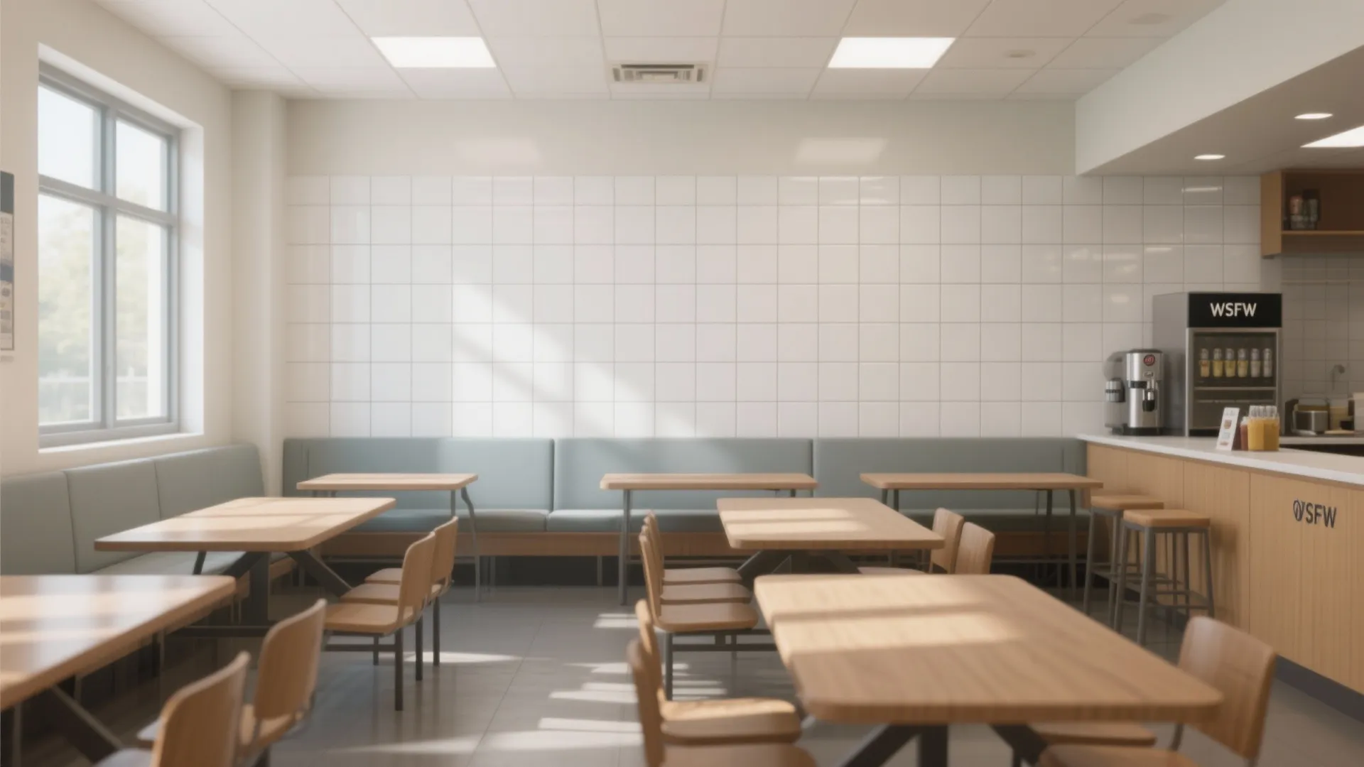 Modern office breakroom with wooden tables chairs blue bench seating and white square wall tiles