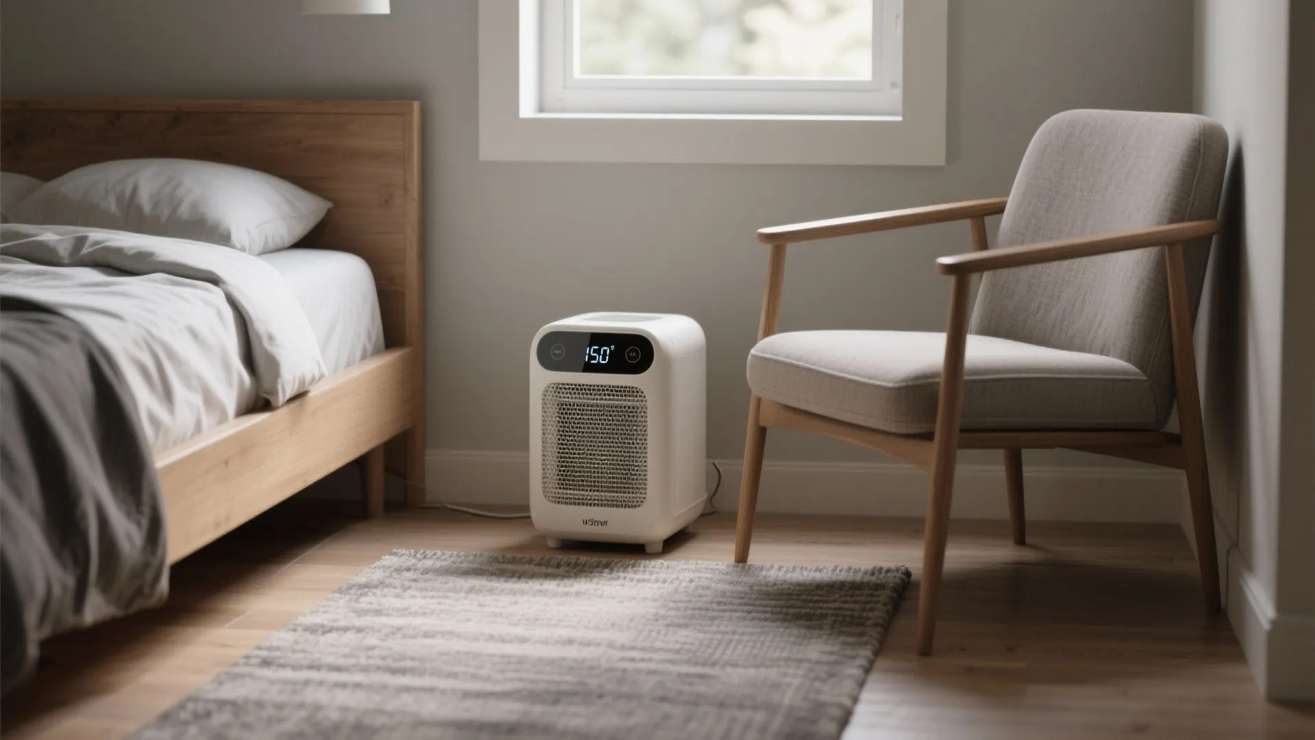Modern white portable ceramic heater placed on a wooden floor between a bed and chair