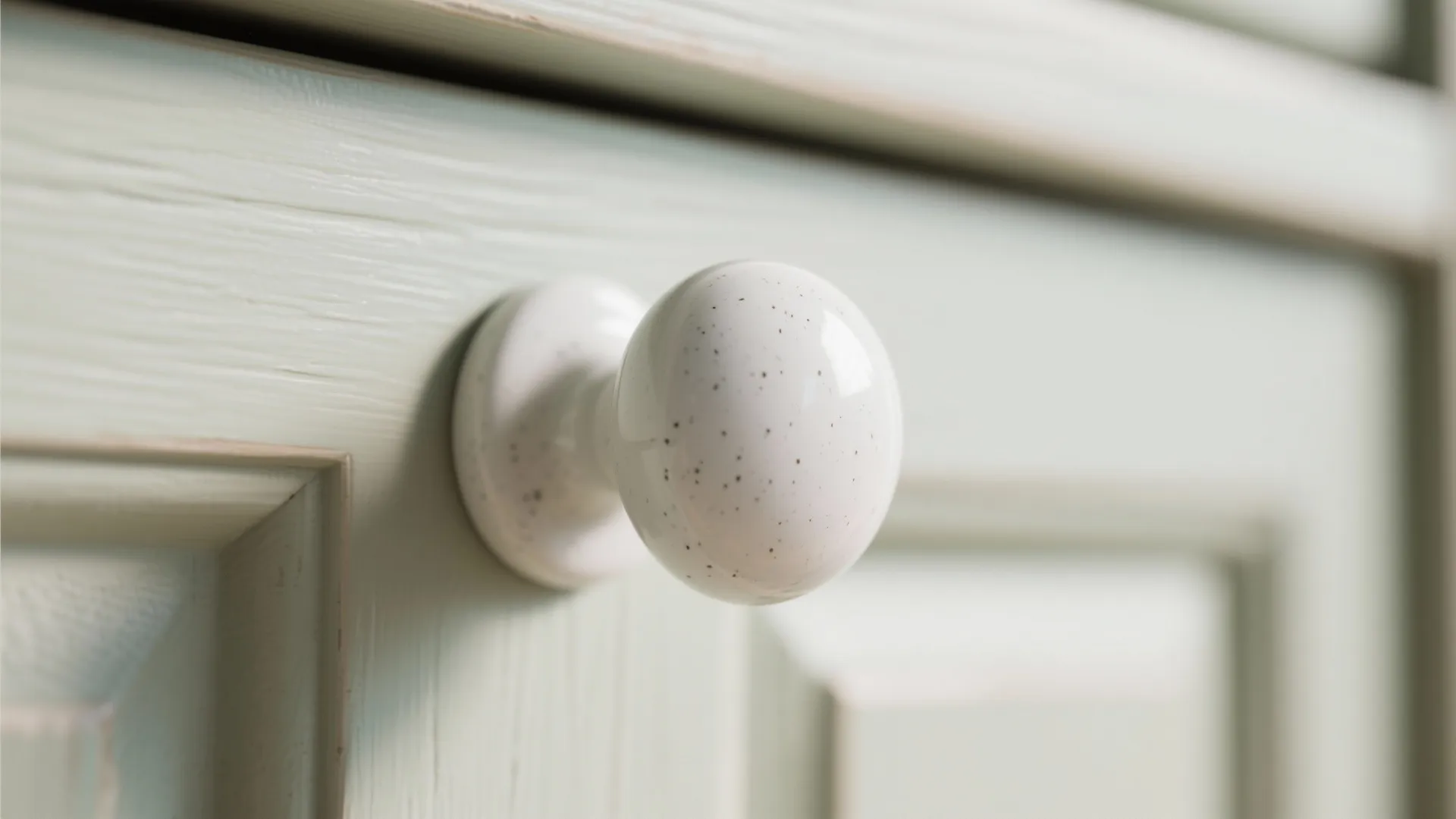 Close up of a round white ceramic knob with black dots on a light cabinet