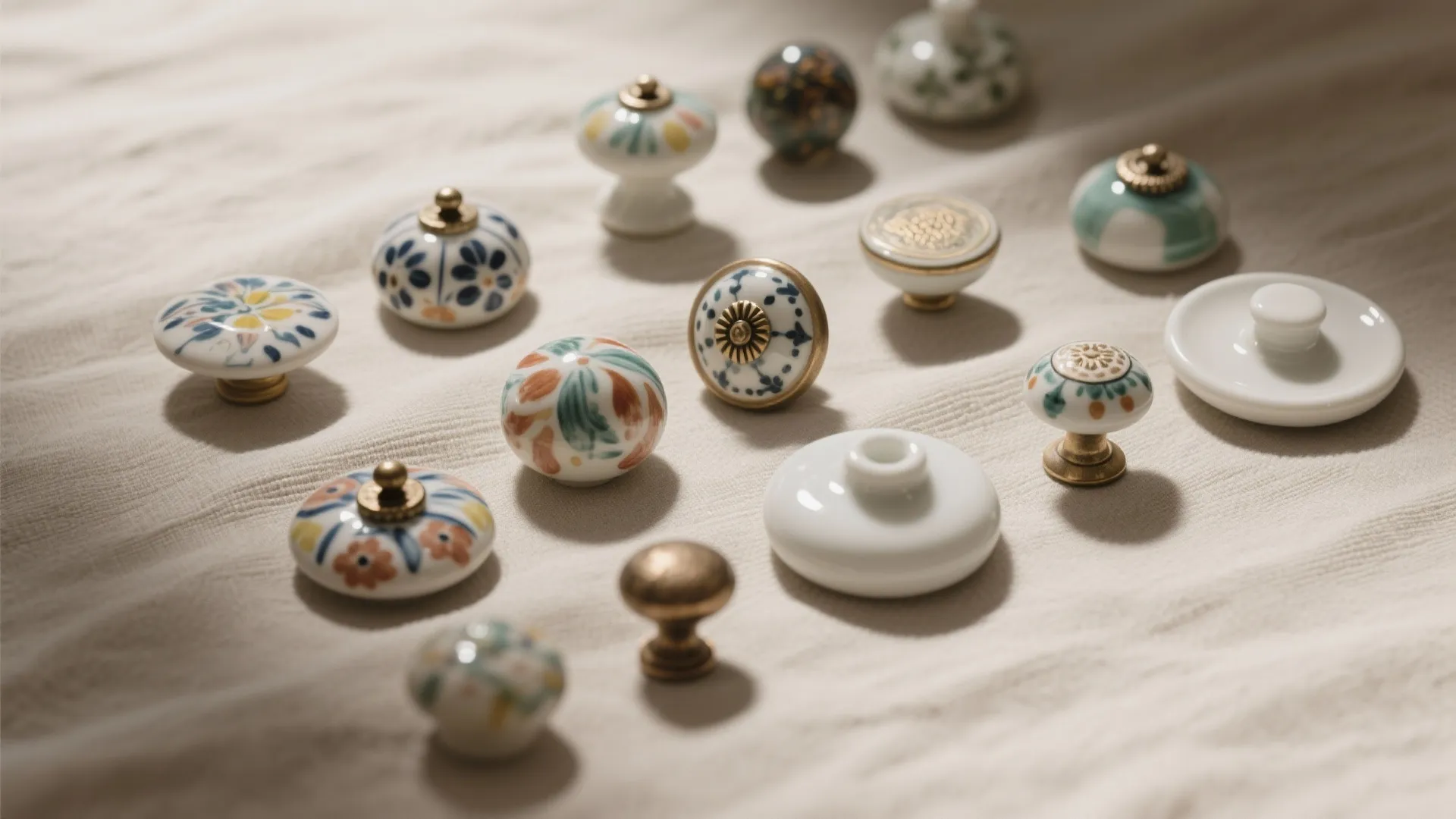 Top-down view of hand-painted ceramic and porcelain knobs on neutral fabric
