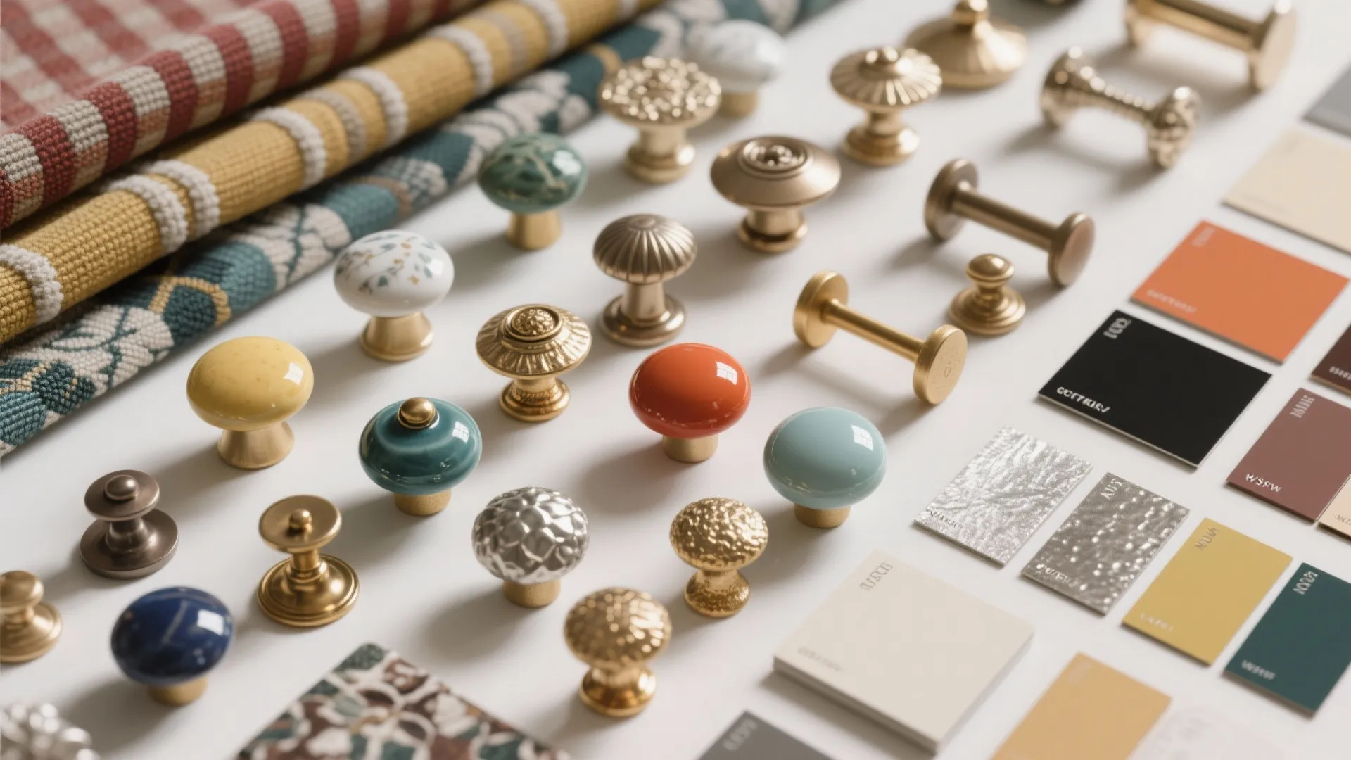 Colorful ceramic and metal cabinet knobs displayed with fabric swatches and paint color cards on white
