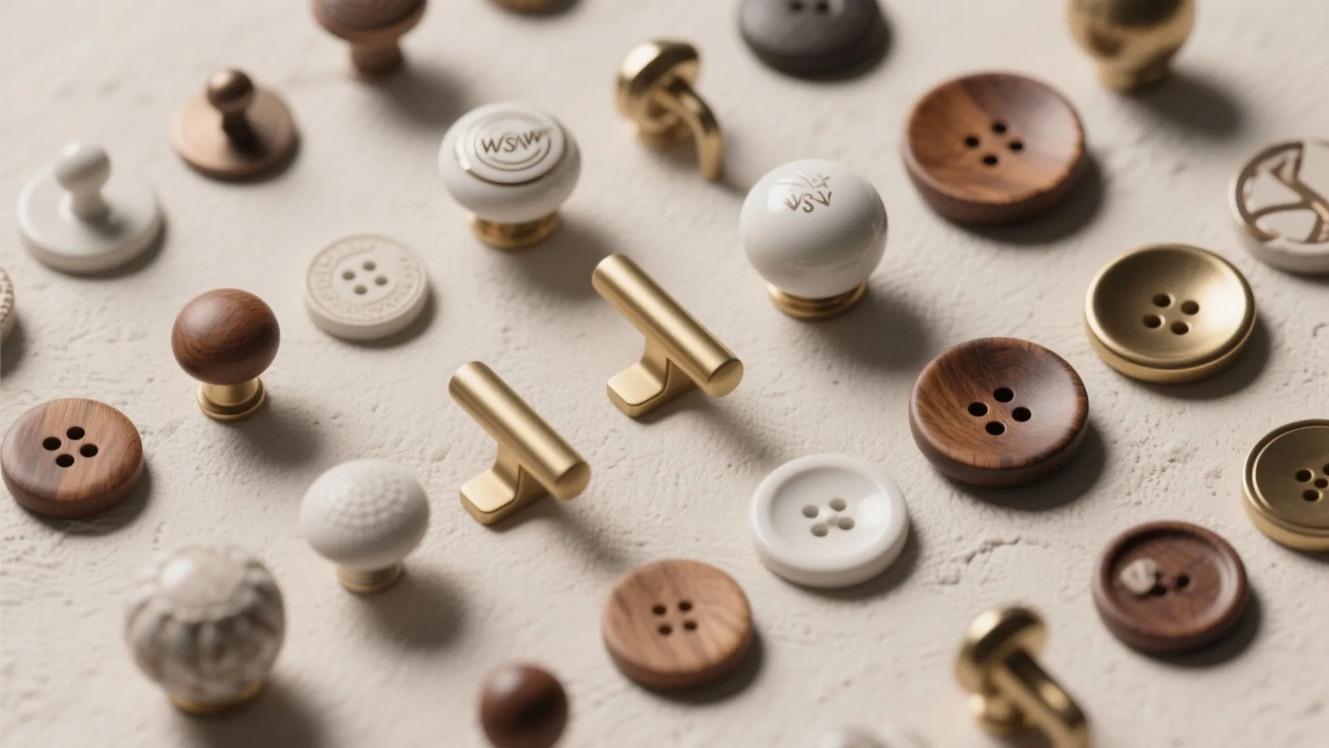 Various decorative cabinet knobs and buttons in wood gold metal and white ceramic material styles