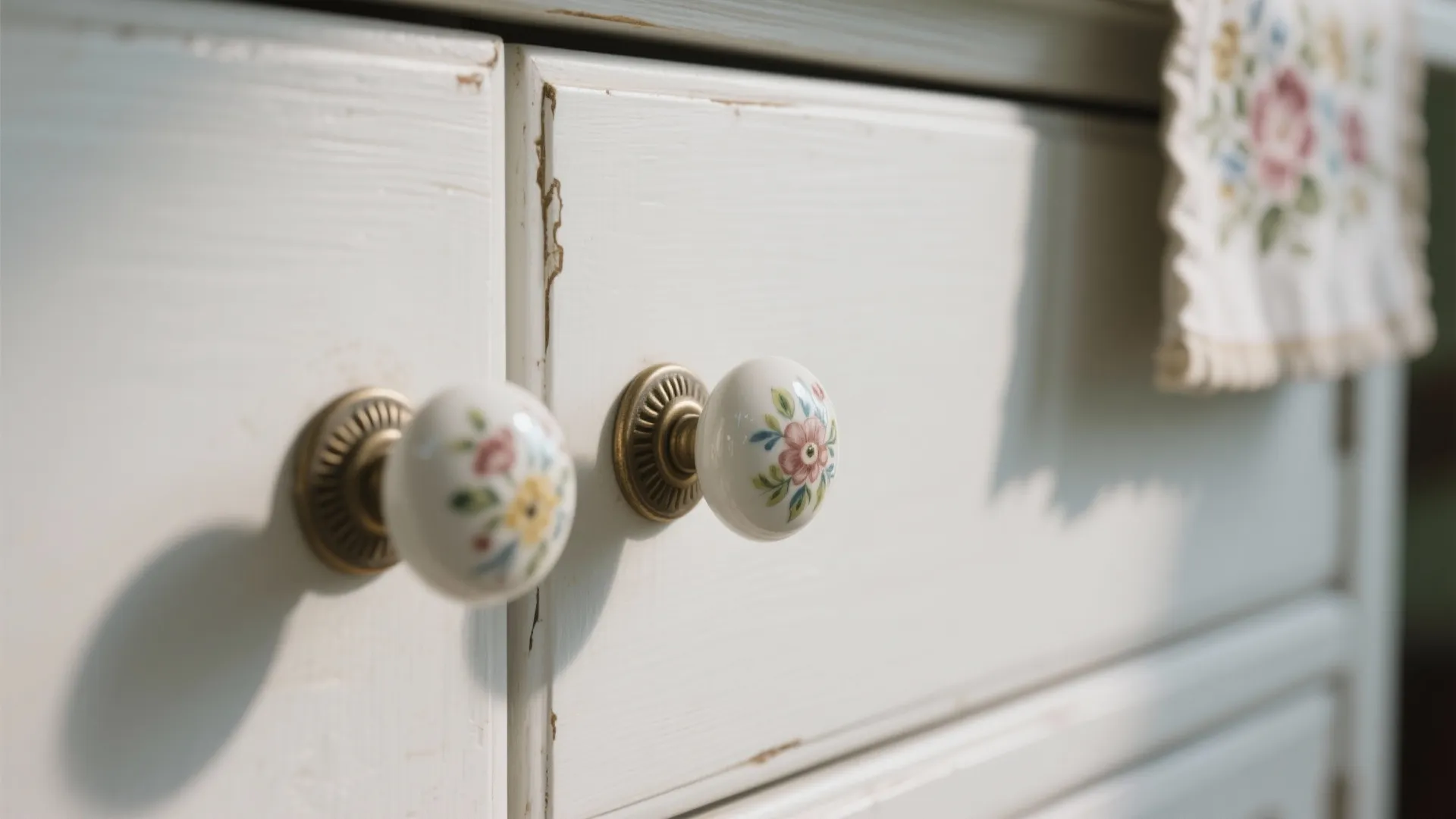 Close up of floral white ceramic knobs on vintage white wooden cabinet drawers in bright sunlight