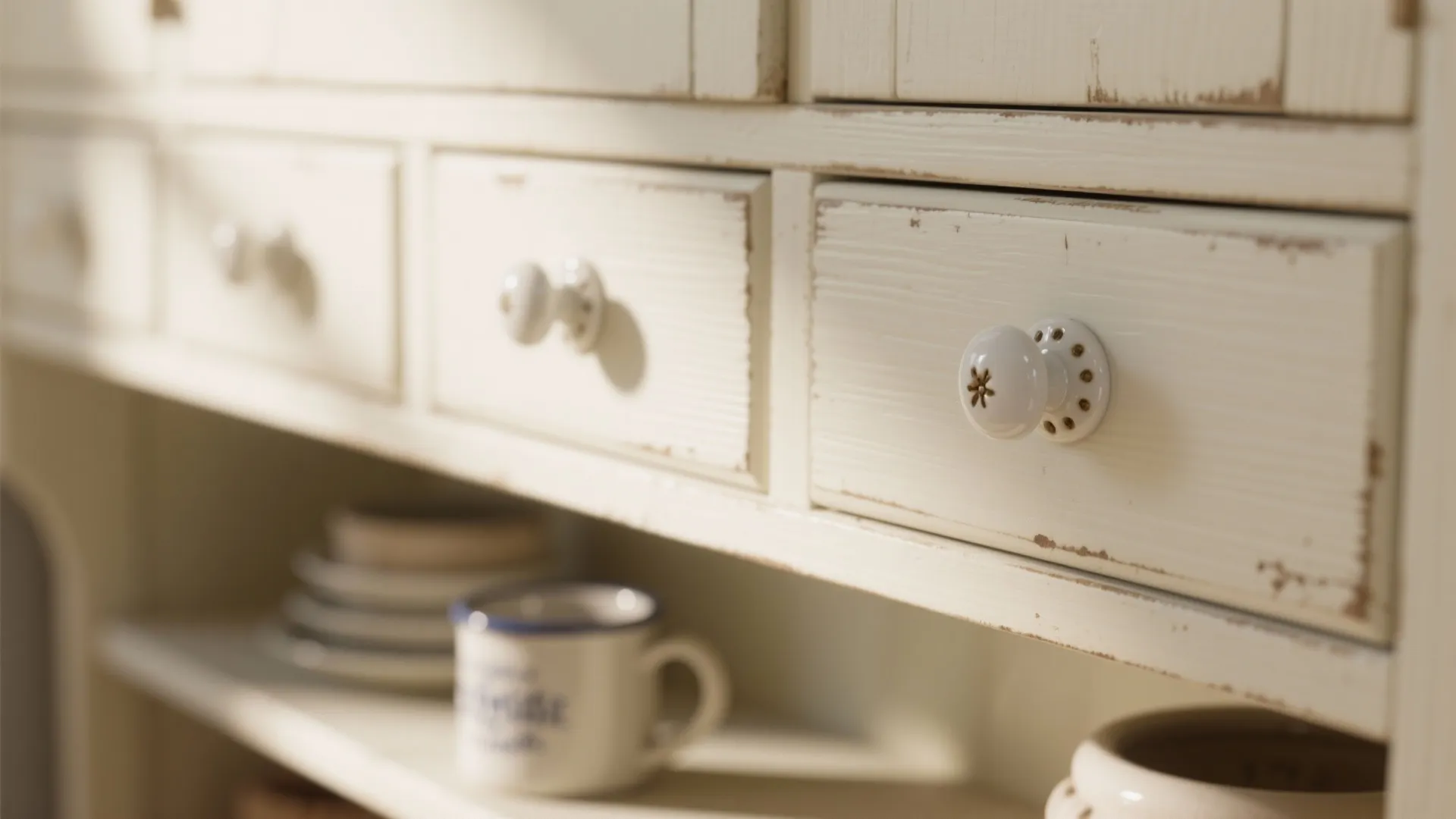Glazed white ceramic knobs on upper cabinets adding vintage cottage character