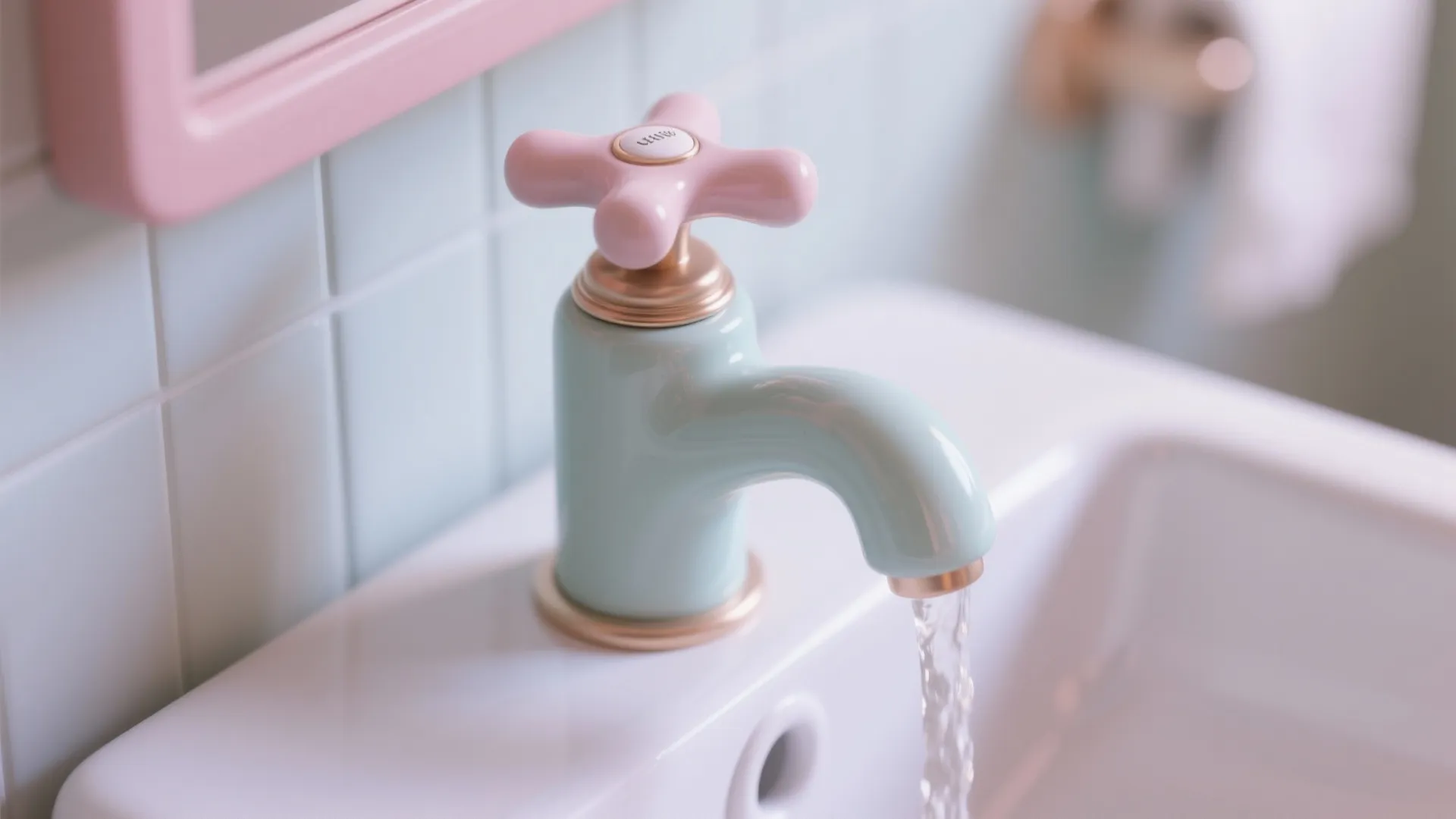 Pastel blue and pink bathroom faucet with water running into a white ceramic wash sink
