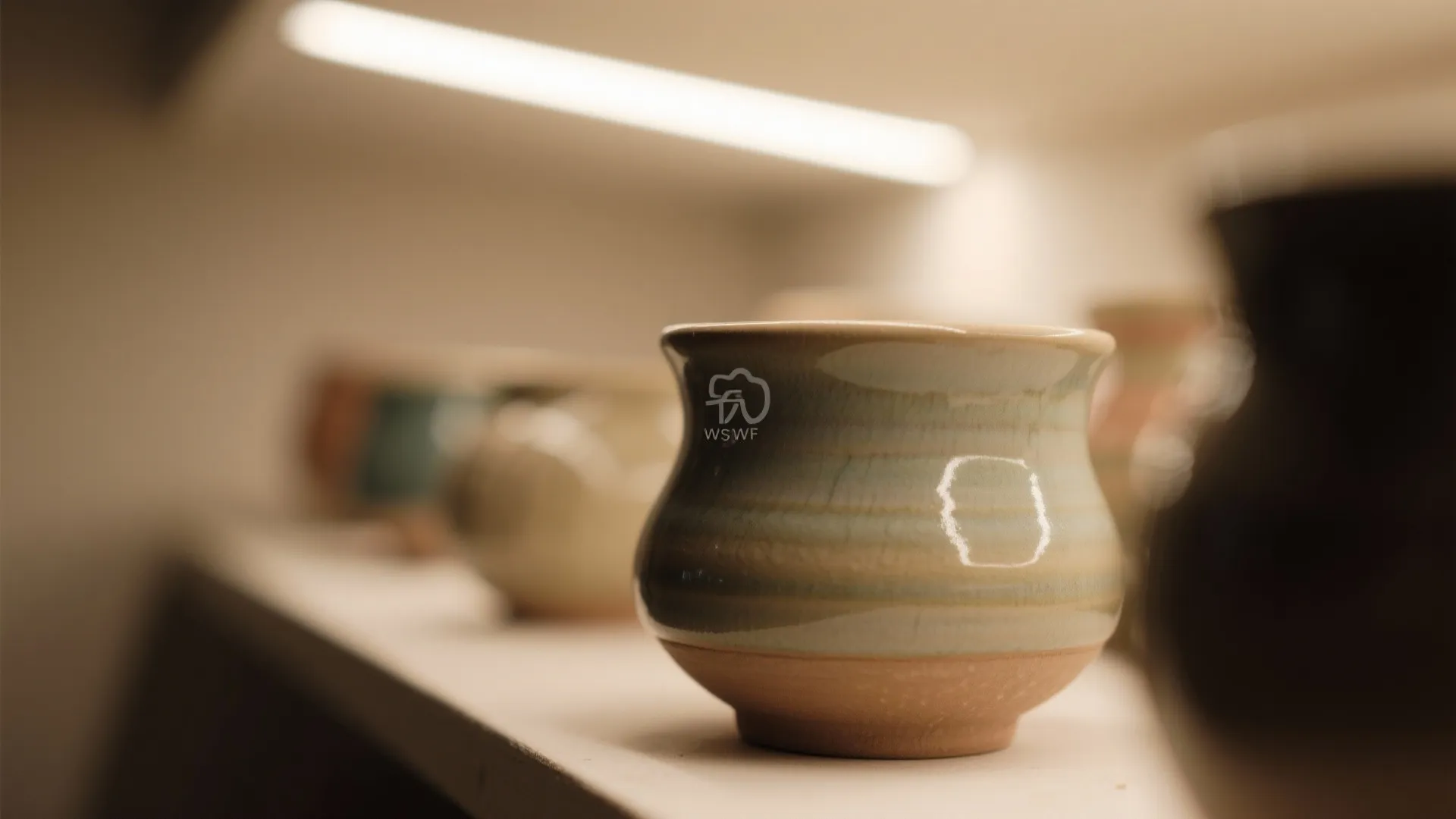Close-up of handmade ceramics under warm spotlight lighting