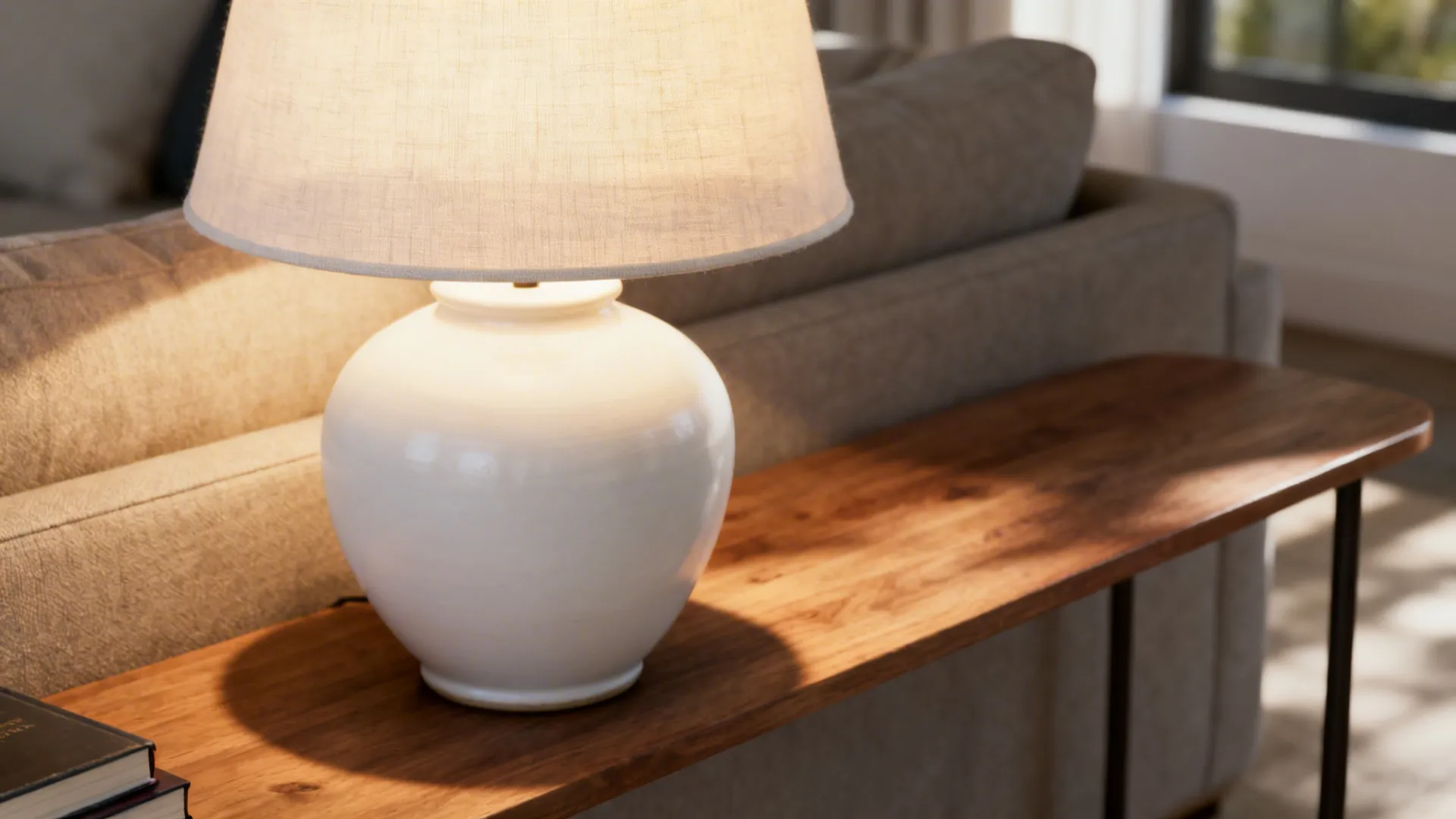 Matte white ceramic lamp with linen shade on a wooden console behind a sofa.