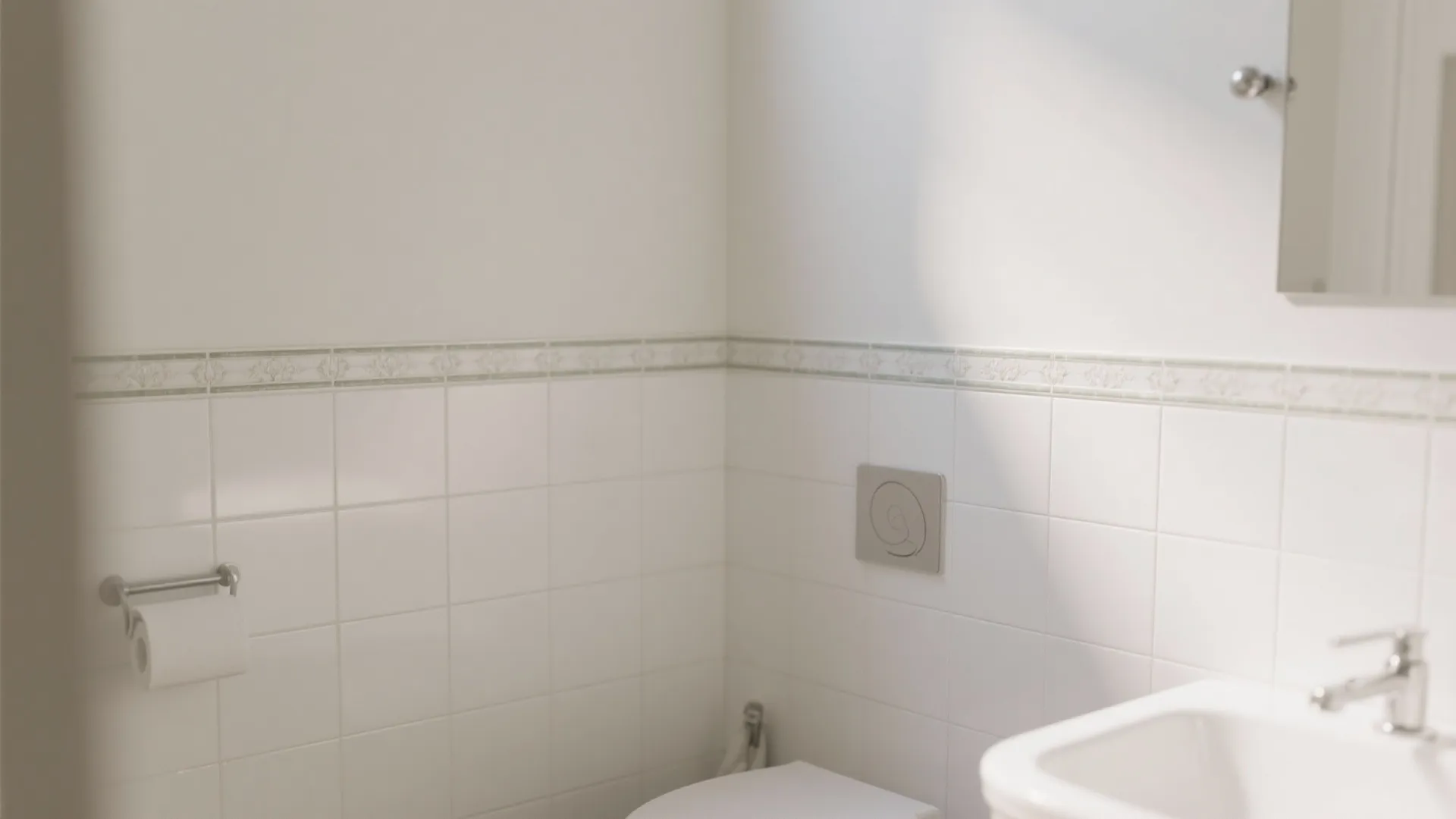 Small bathroom with classic ceramic tiles and a subtle listello strip