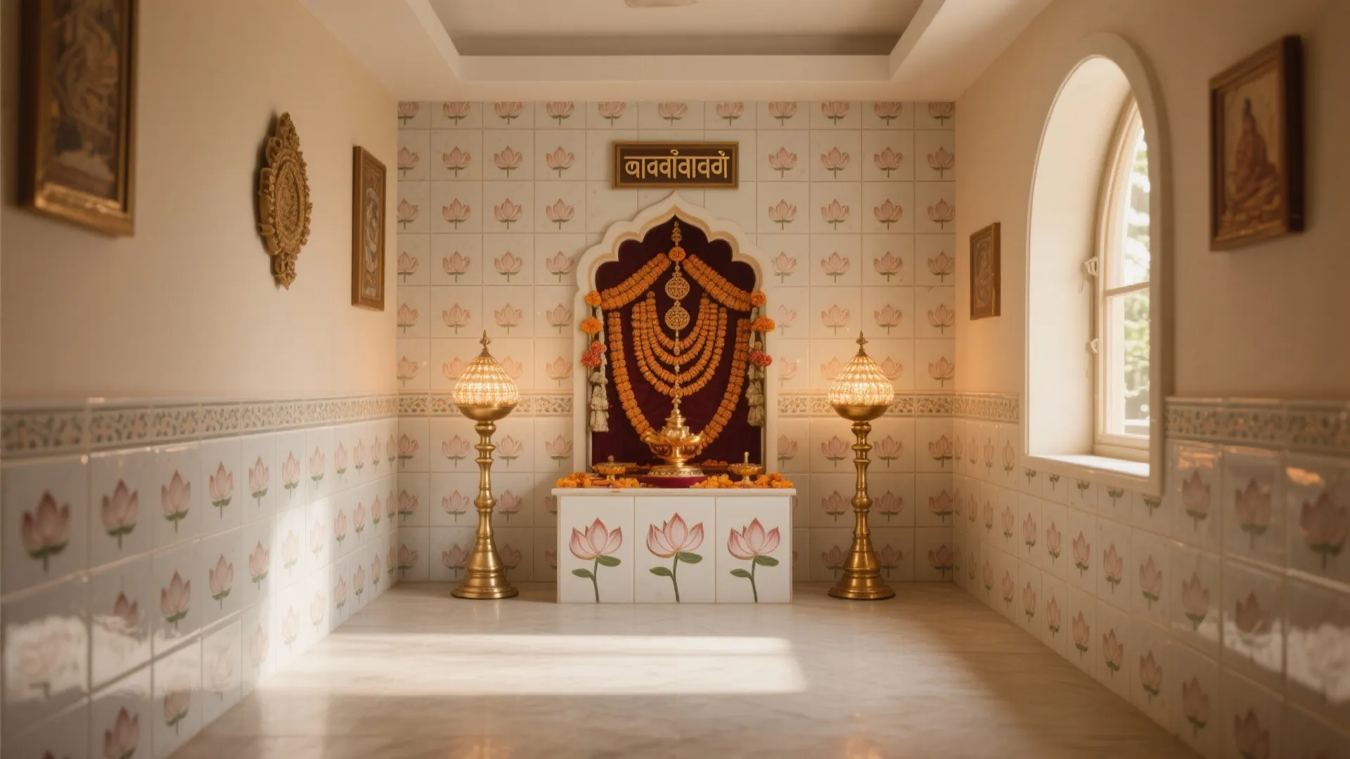 Bright prayer room with lotus flower patterned wall tiles gold floor lamps and arched window