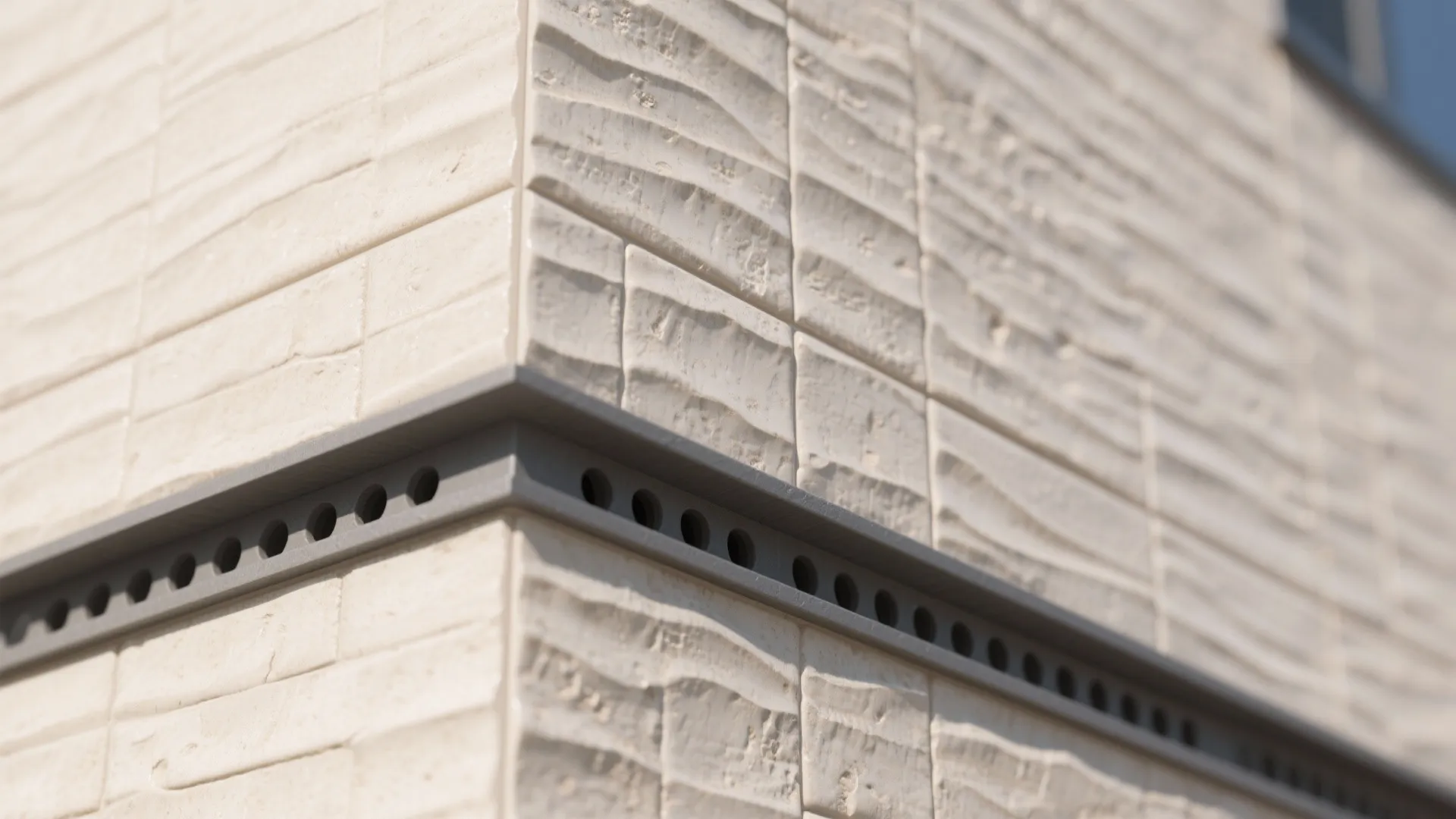 White textured wall panels with a grey metal strip showing many small round drainage holes