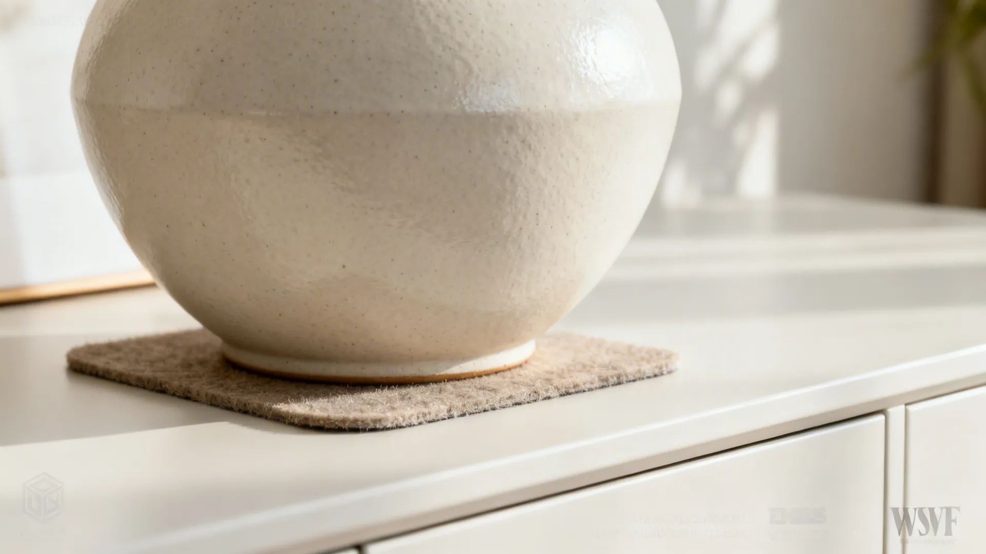 Close-up of a matte ceramic object with a felt pad resting on a cabinet top.