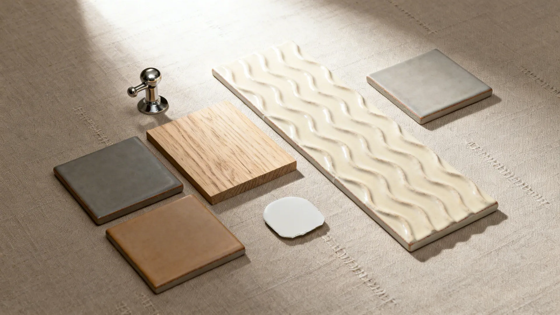 Flat lay of creamy textured ceramic tiles with grout, wood, and hardware swatches.