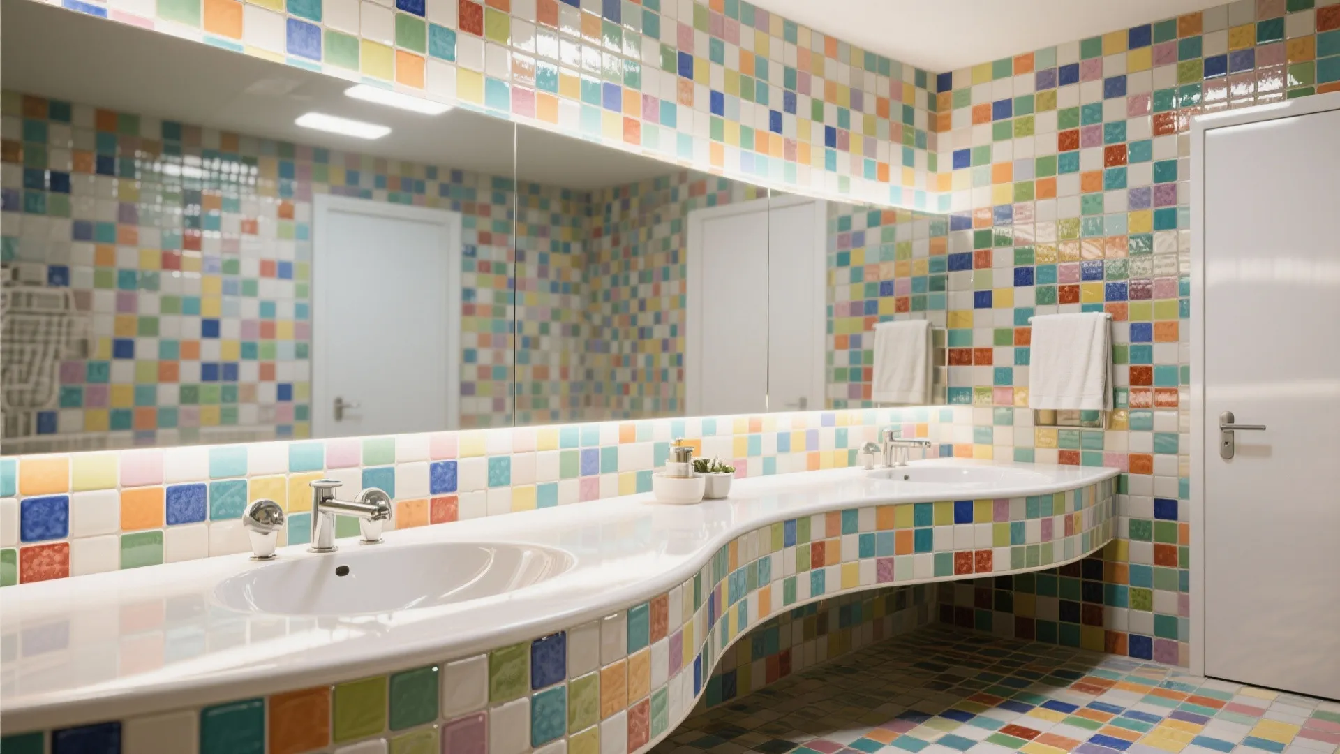 Bright bathroom with colorful mosaic tiles, long white curved vanity, double sinks, and large mirror