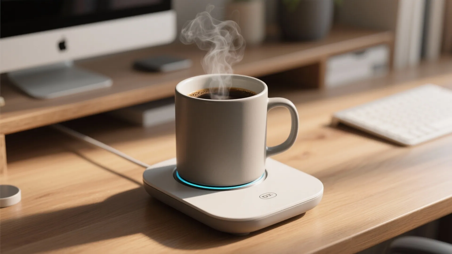 Steaming coffee mug on white electric warmer with blue light on a modern wooden desk
