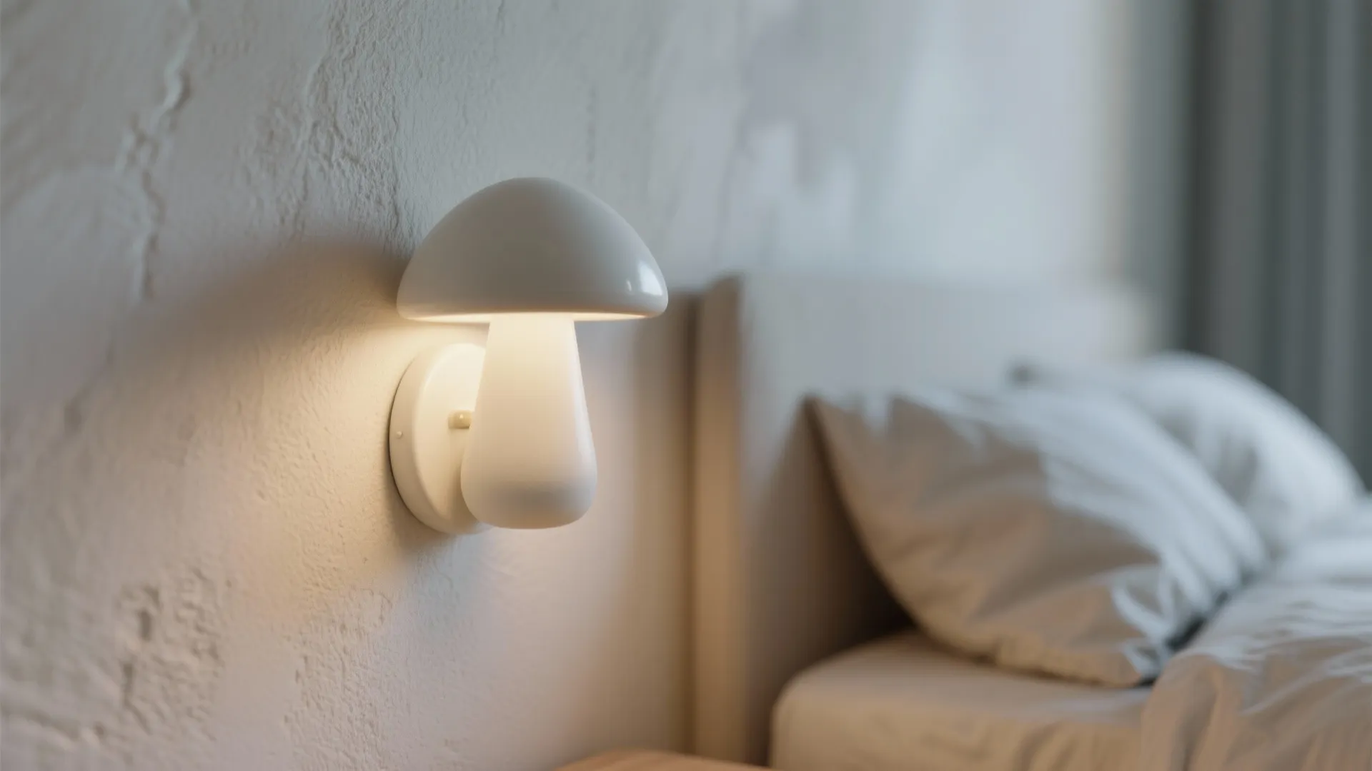 Minimalist white mushroom wall light glowing next to a bed with soft pillows and bedding