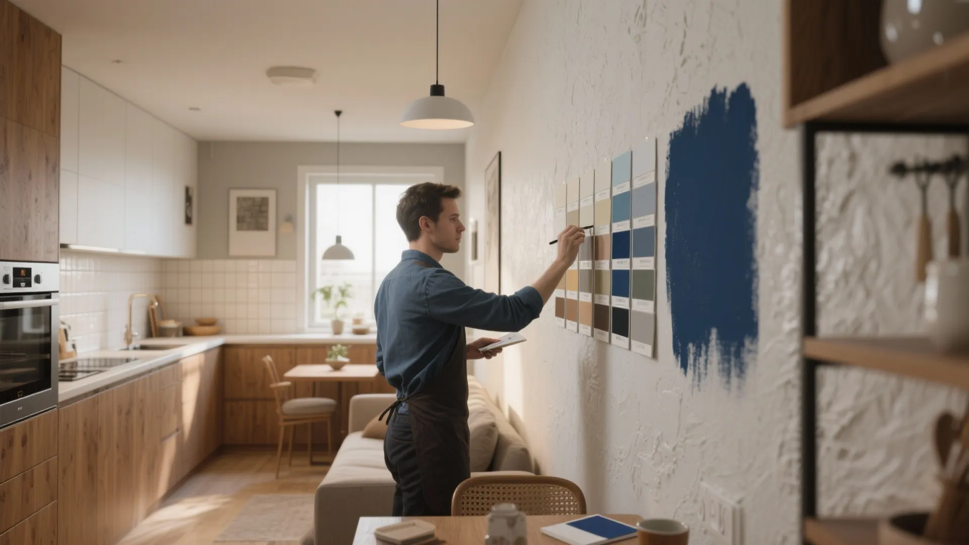 Man in apron picking paint colors from wall swatches inside a bright modern open kitchen area