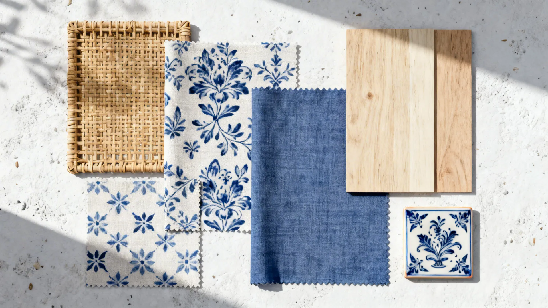 Top-down mood board of blue-on-white ceramic-pattern fabric swatches with wood and rattan samples.