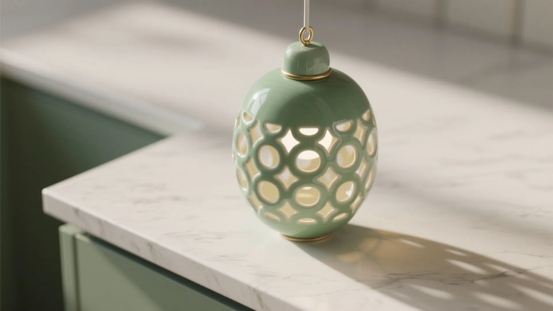 4. Ceramic Green Pendants with Patterned Interiors for Accent Lighting
