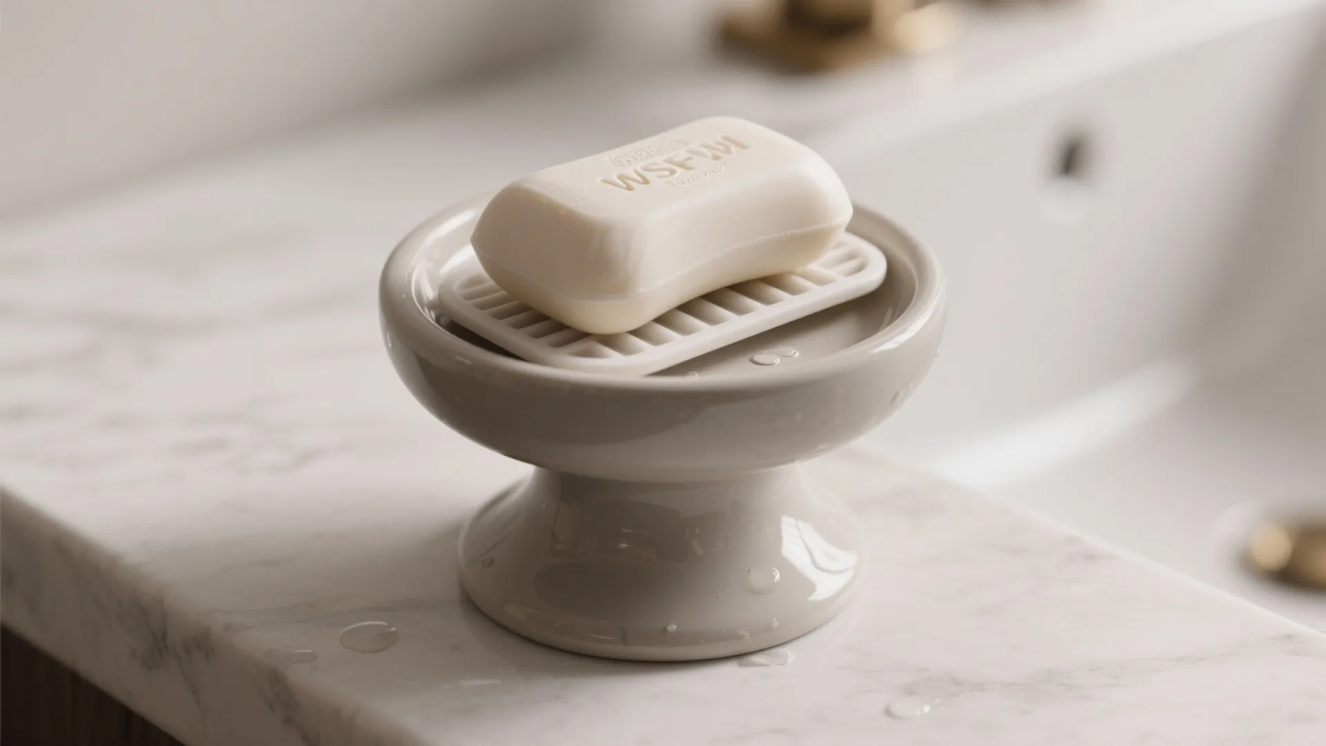 Macro view of a matte ceramic pedestal with a removable silicone pad holding a bar of soap.