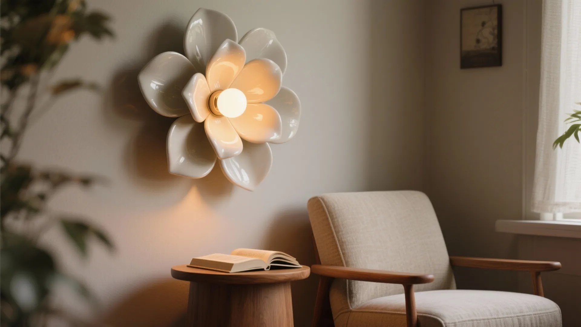 Ceramic petal cluster lamp with warm glaze above a cozy reading nook