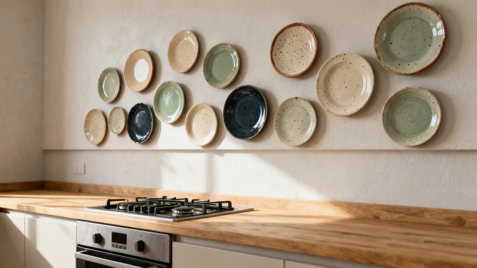 Kitchen wall decorated with many round ceramic plates above a wooden countertop and silver stove