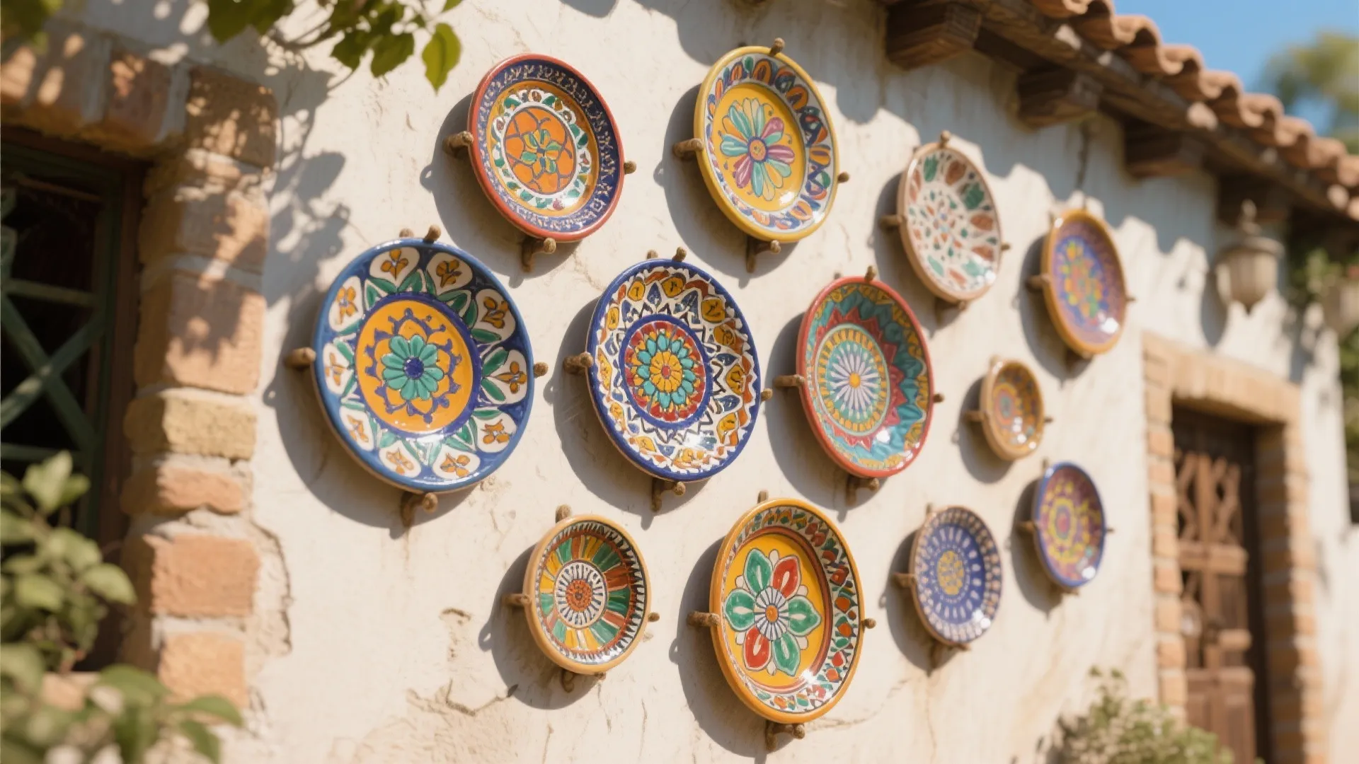 Outdoor wall display featuring multiple colorful patterned ceramic plates mounted on a rustic plaster wall