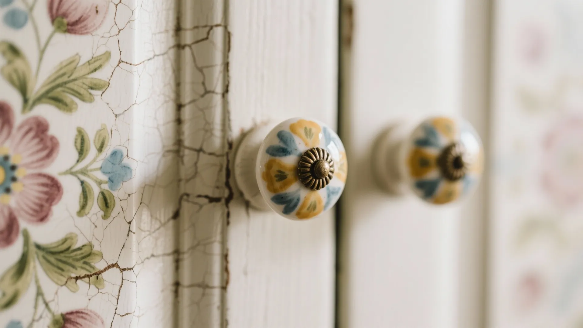 Close up of decorative ceramic cabinet knobs with floral patterns on white vintage wood cabinet