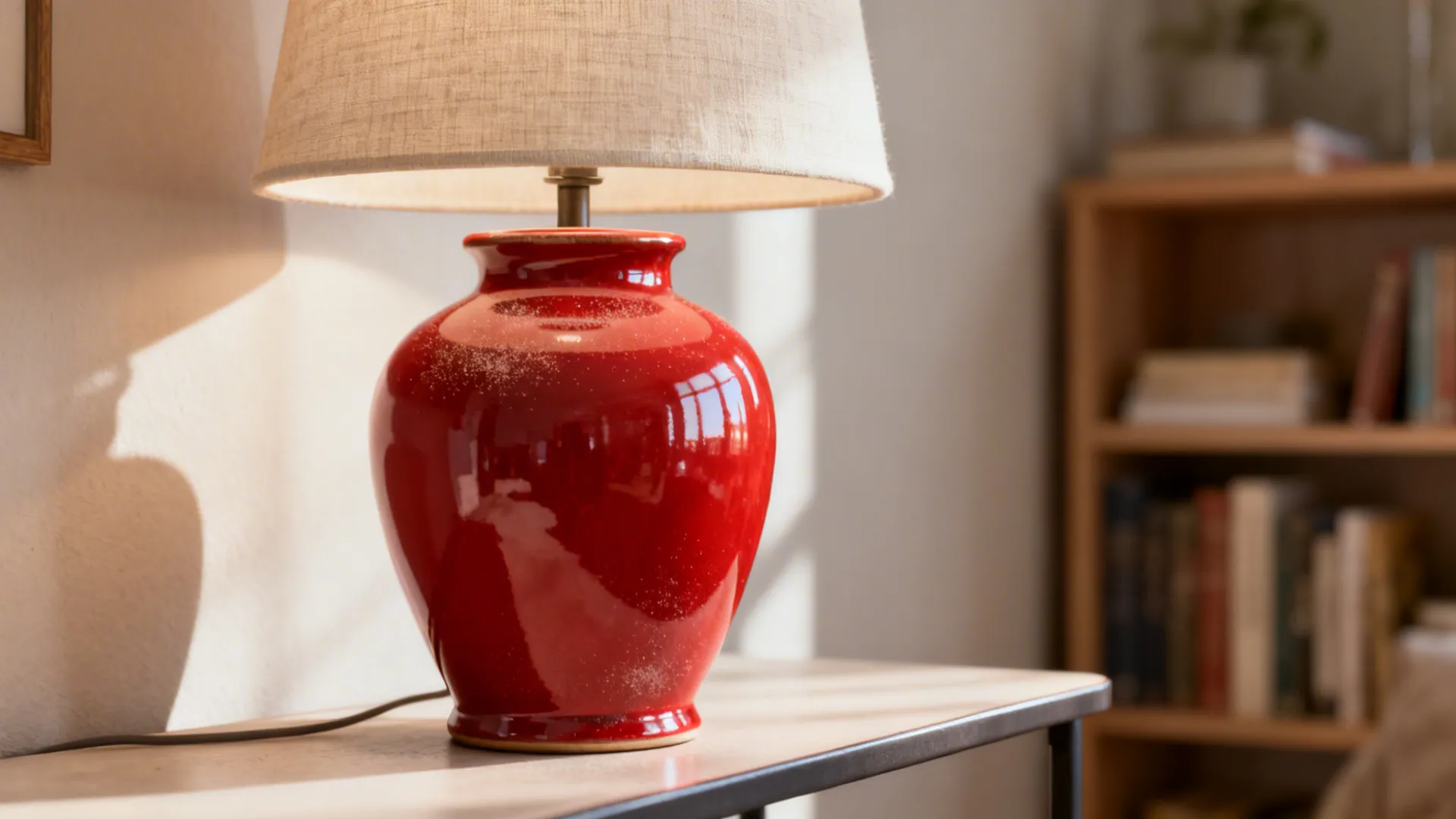 Close-up of a glossy ceramic red table lamp with a linen shade on a slim table.