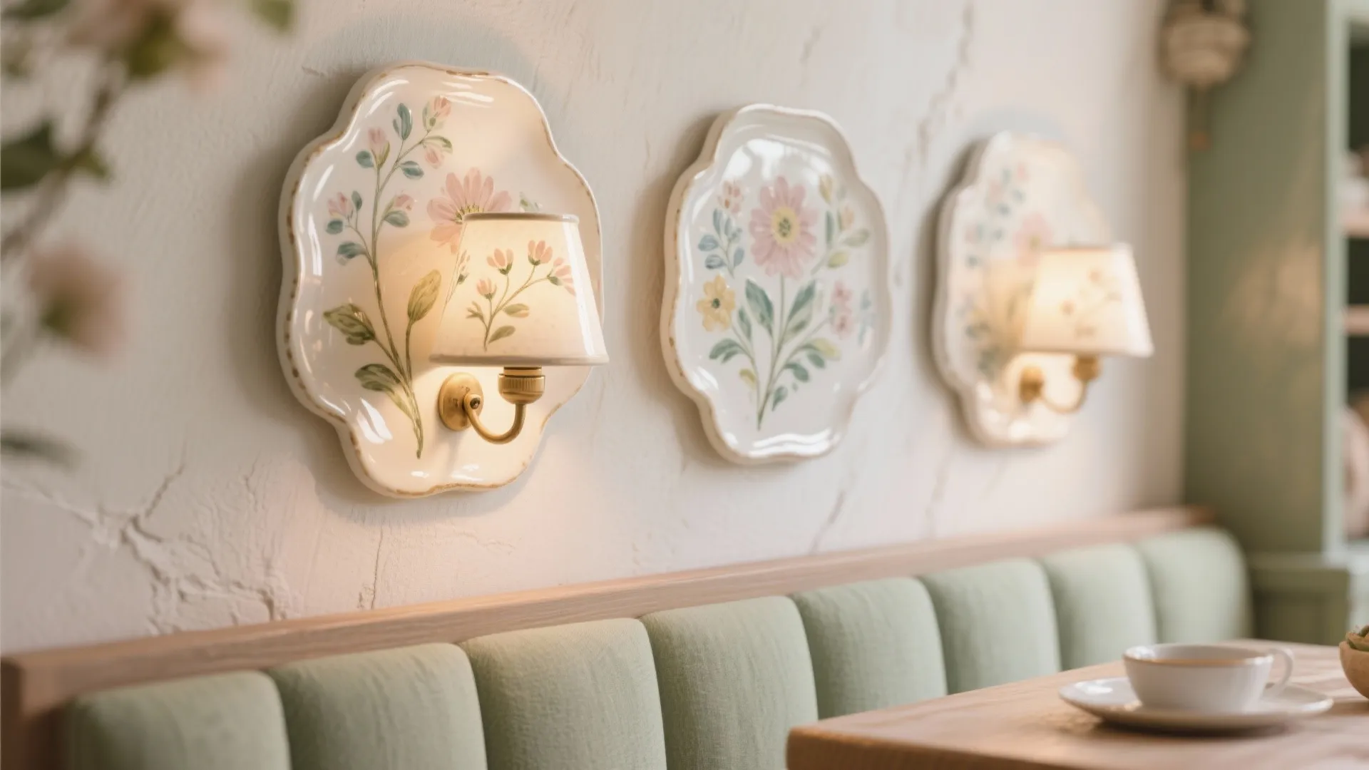 Three decorative floral wall lights mounted above a green bench in a cozy dining area