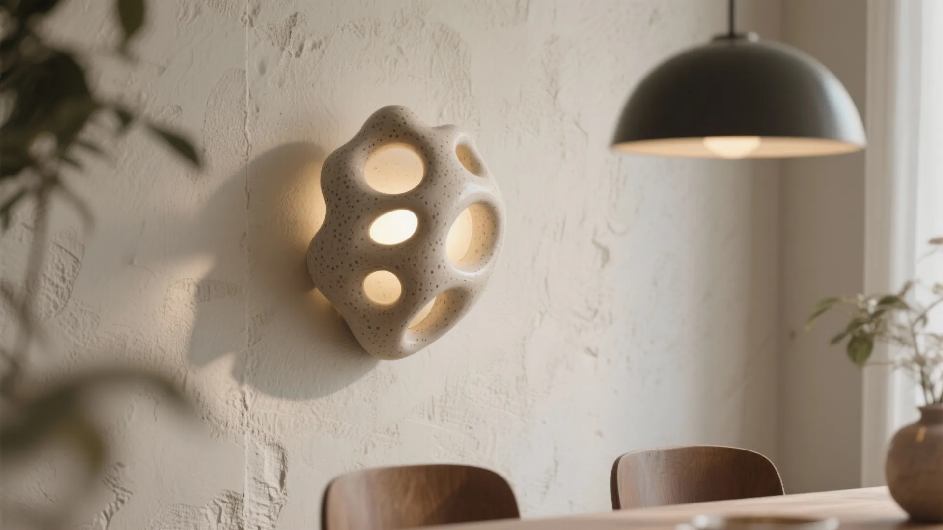 Handmade ceramic sculptural wall sconce in dining area