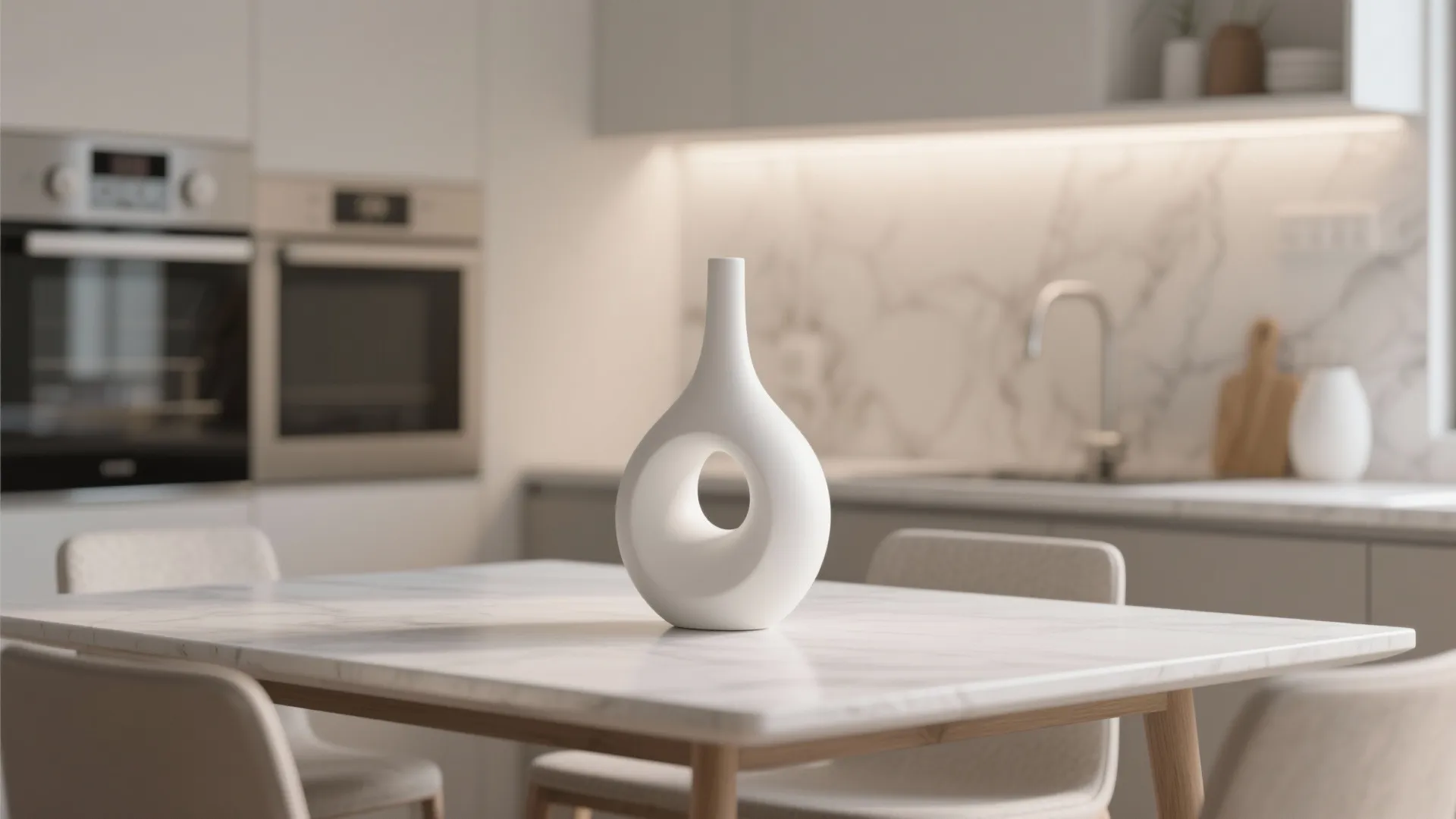 Modern white ceramic vase on marble dining table with blurred kitchen cabinets and ovens background