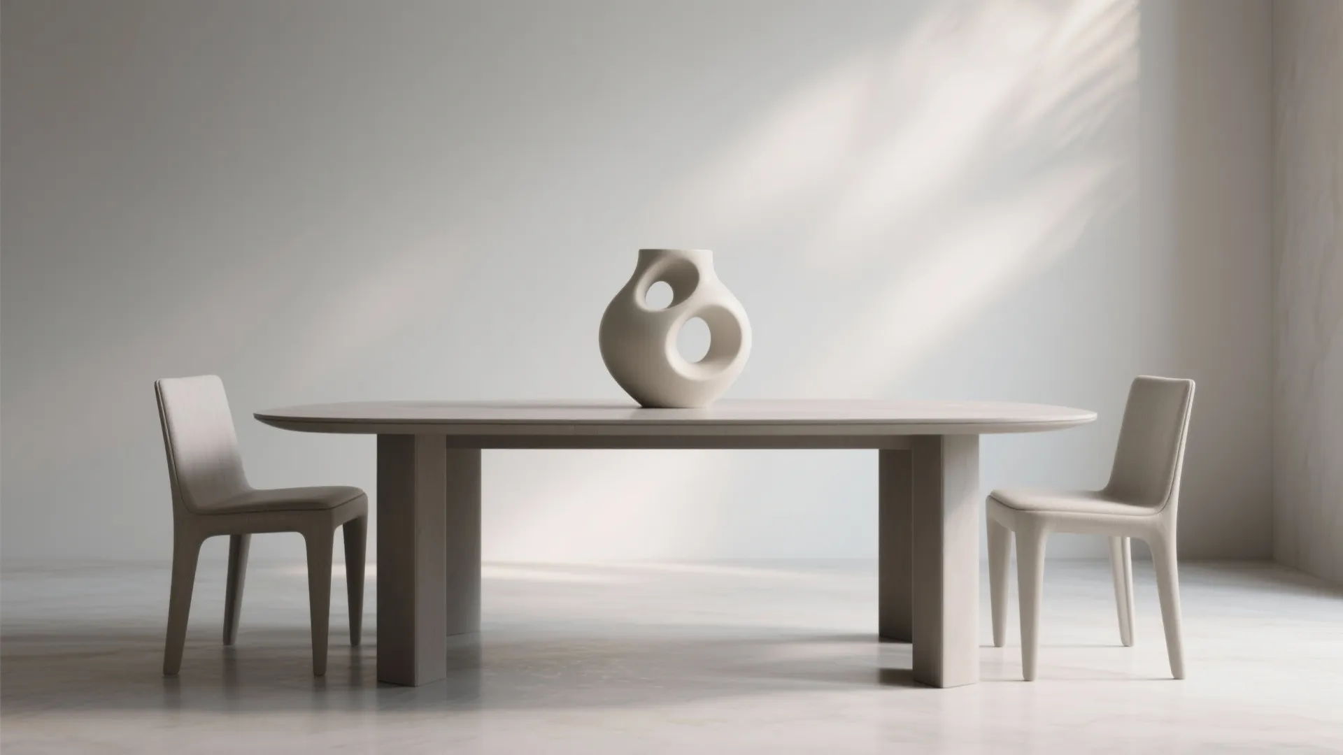Minimalist wooden dining table with a ceramic sculpture centerpiece and two matching chairs under soft sunlight