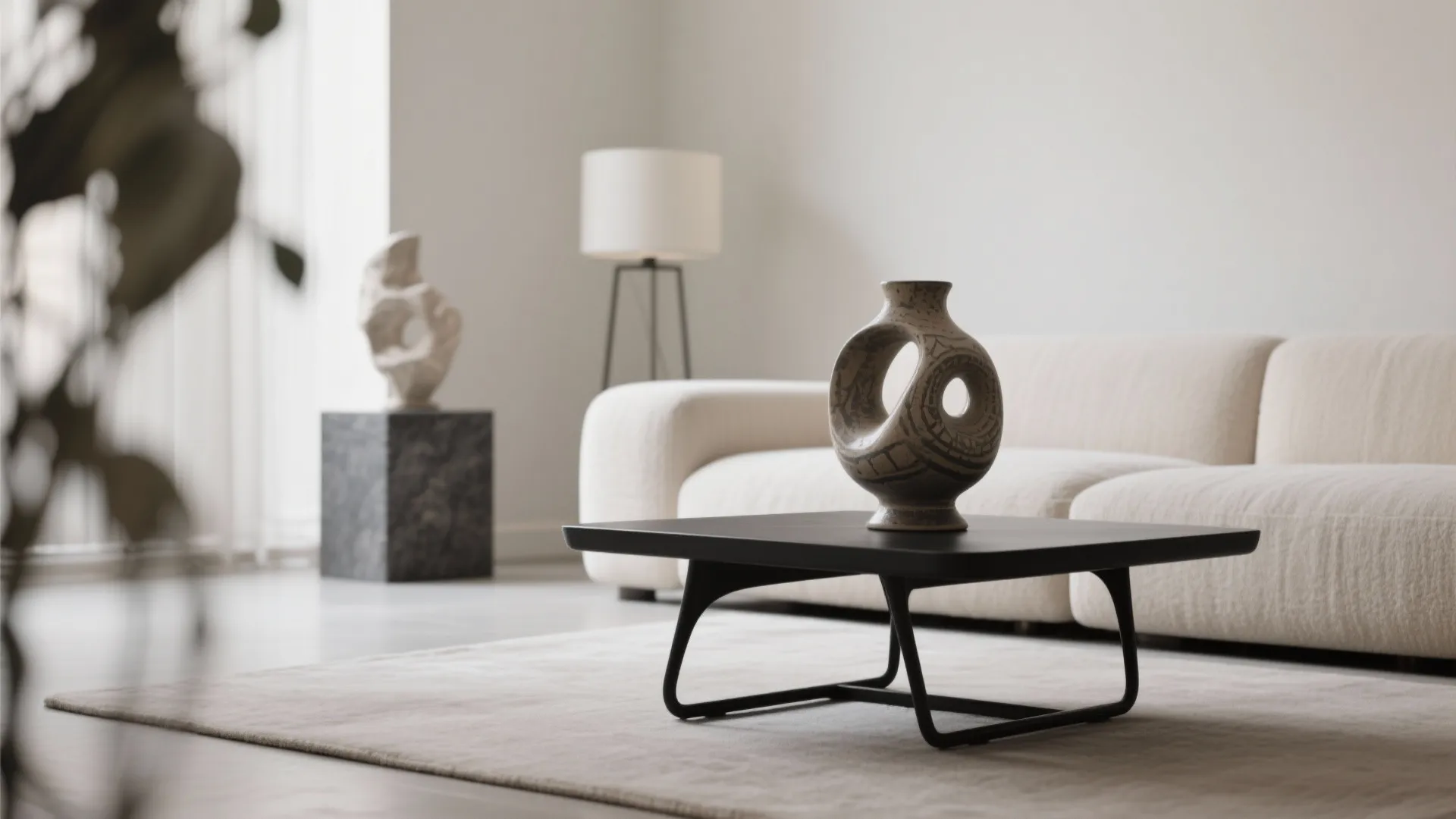 Modern living room featuring a black coffee table with ceramic vase and cream white sofa