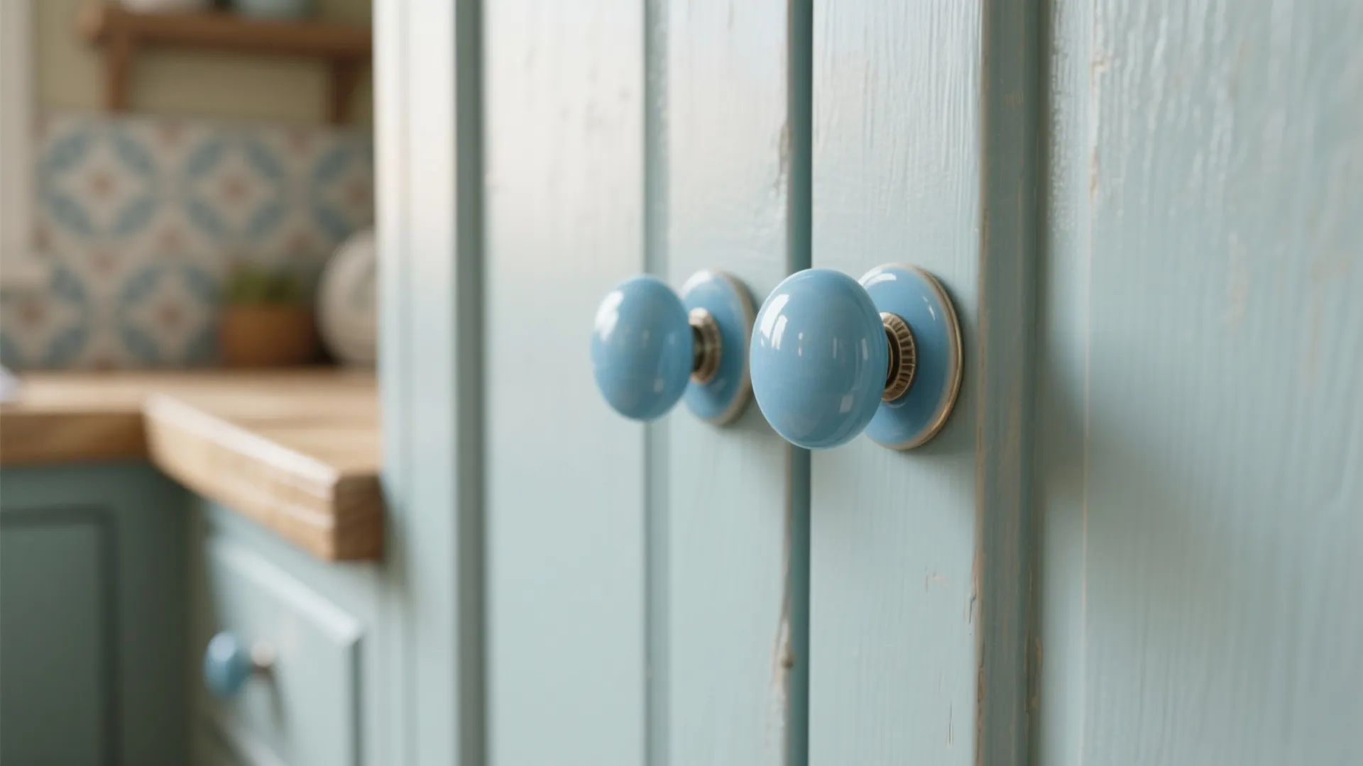 Close-up of sky-blue ceramic knobs on shaker cabinets with cottage-style details.