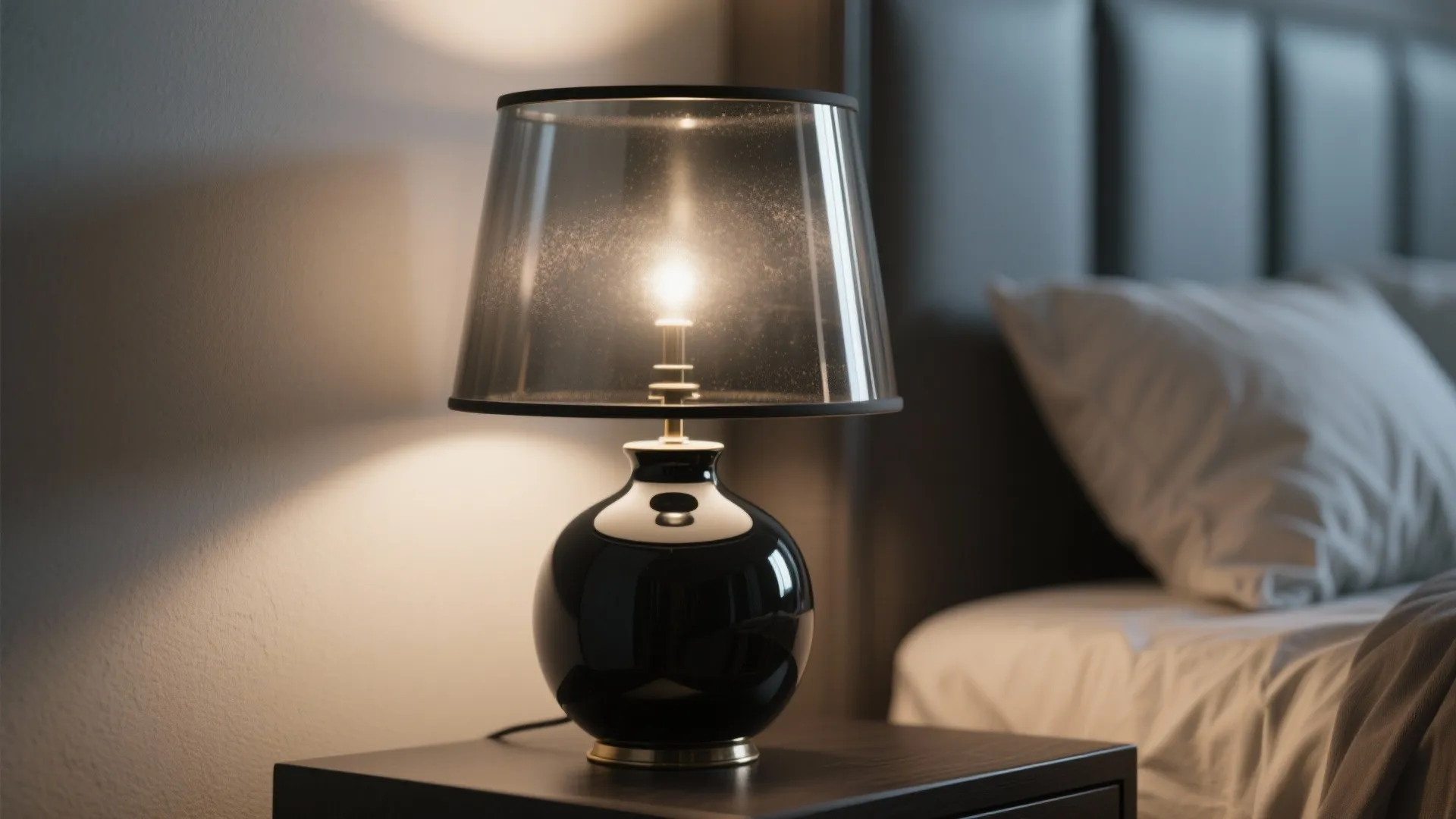 Black ceramic table lamp with smoked glass shade on dark nightstand next to soft bed